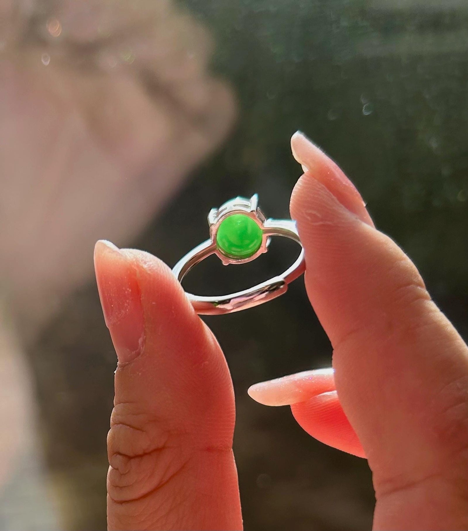 Natural Jadeite Jade Ring Jewelry Translucent Type A Icy Burmese Emerald Green Jadeite Adjustable Sterling Silver Ring Handmade Gift for Her