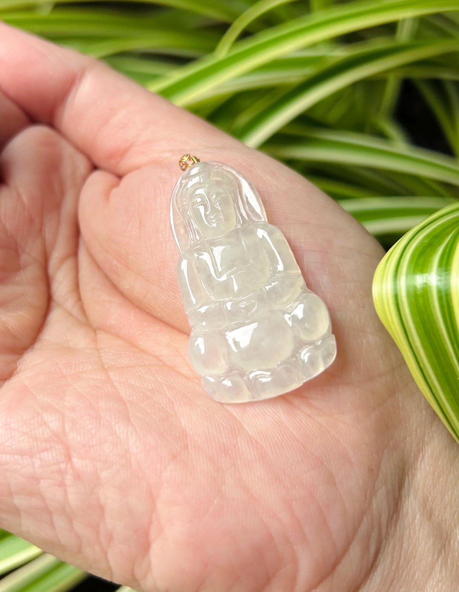 Jadeite Jade Pendant Gift Natural Burmese Untreated Type A Highly Translucent Icy White Jade Guan-Shi-Yin(KuanYin 观音) 18k Solid Gold Bail