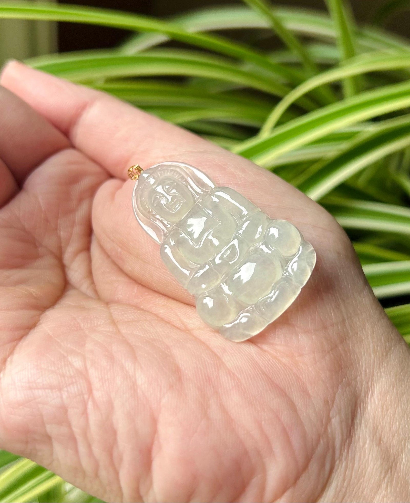 Jadeite Jade Pendant Gift Natural Burmese Untreated Type A Highly Translucent Icy White Jade Guan-Shi-Yin(KuanYin 观音) 18k Solid Gold Bail