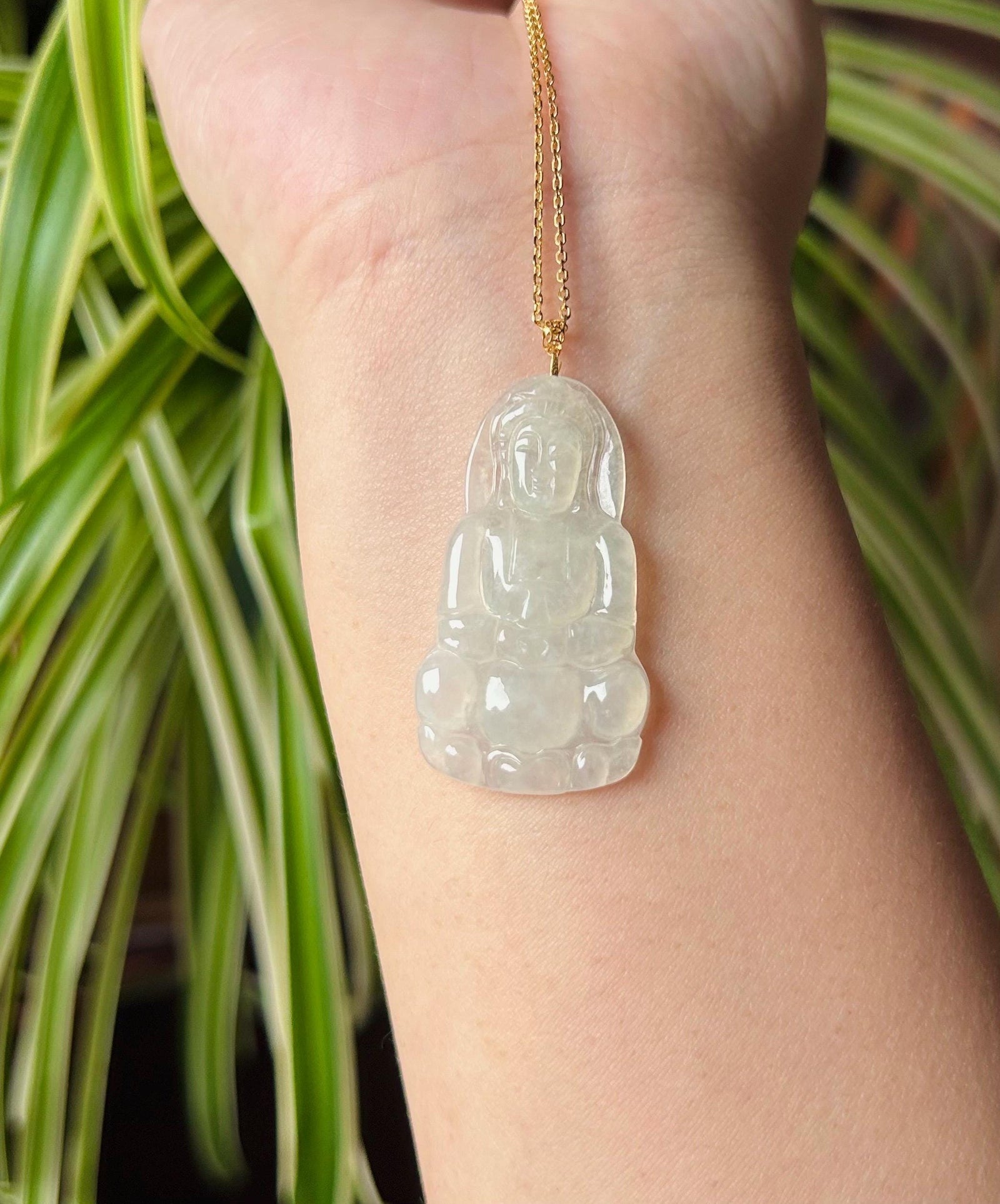 Jadeite Jade Pendant Gift Natural Burmese Untreated Type A Highly Translucent Icy White Jade Guan-Shi-Yin(KuanYin 观音) 18k Solid Gold Bail