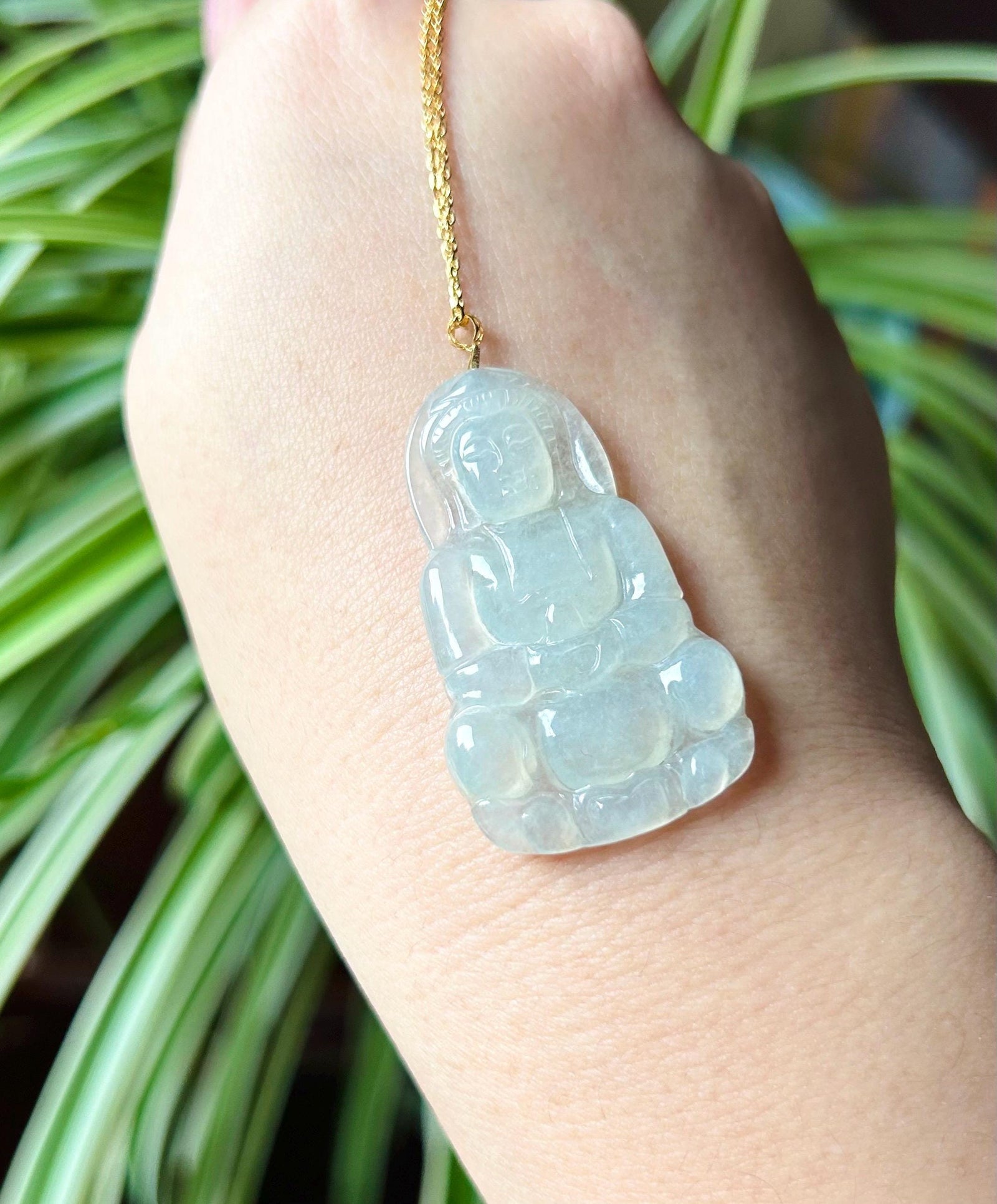 Jadeite Jade Pendant Gift Natural Burmese Untreated Type A Highly Translucent Icy White Jade Guan-Shi-Yin(KuanYin 观音) 18k Solid Gold Bail