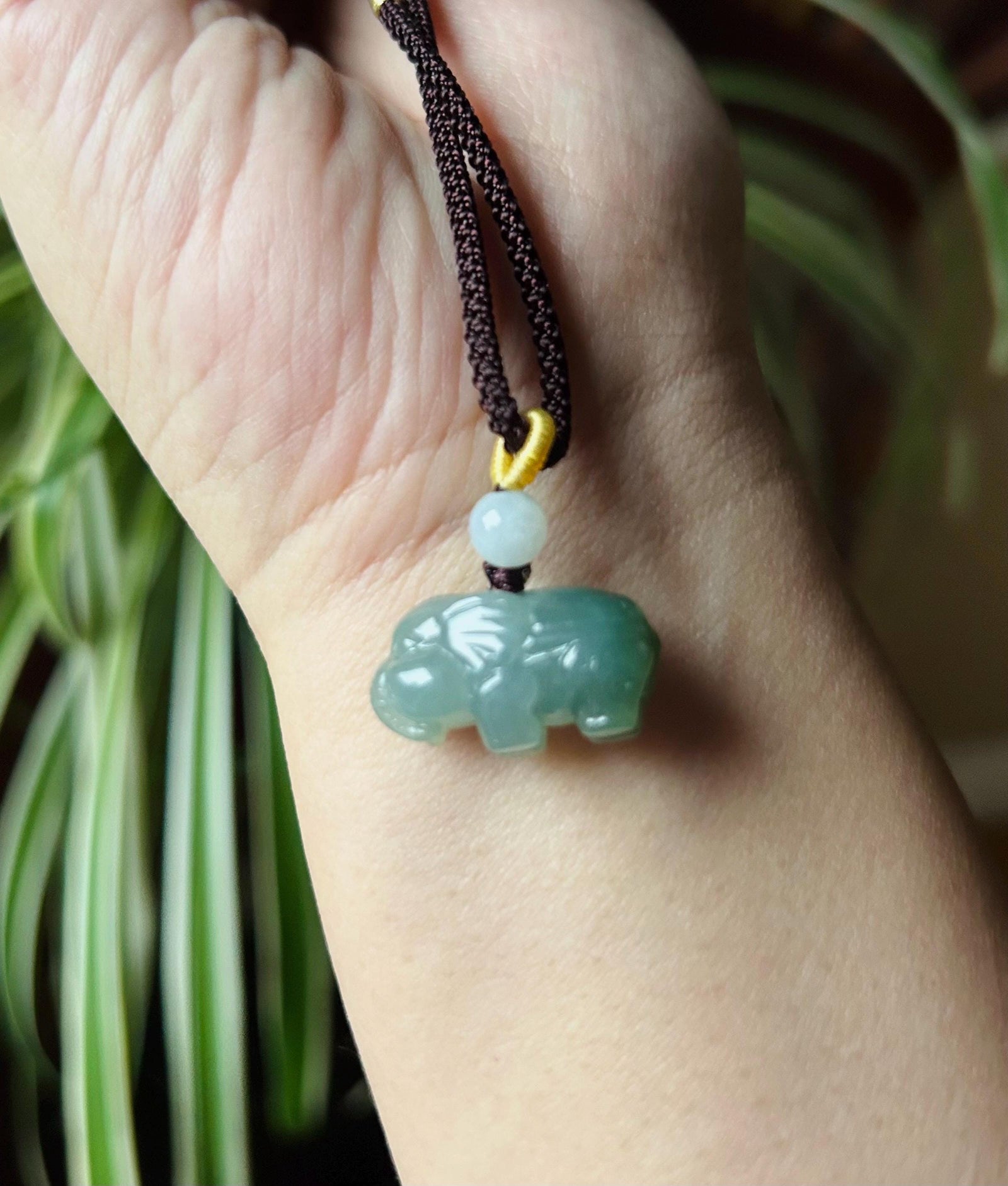 Jadeite Jade Cute Elephant Pendant Handwoven Necklace Jewelry Gift for Her Burmese Untreated Type A Translucent Icy Green & White Jadeite