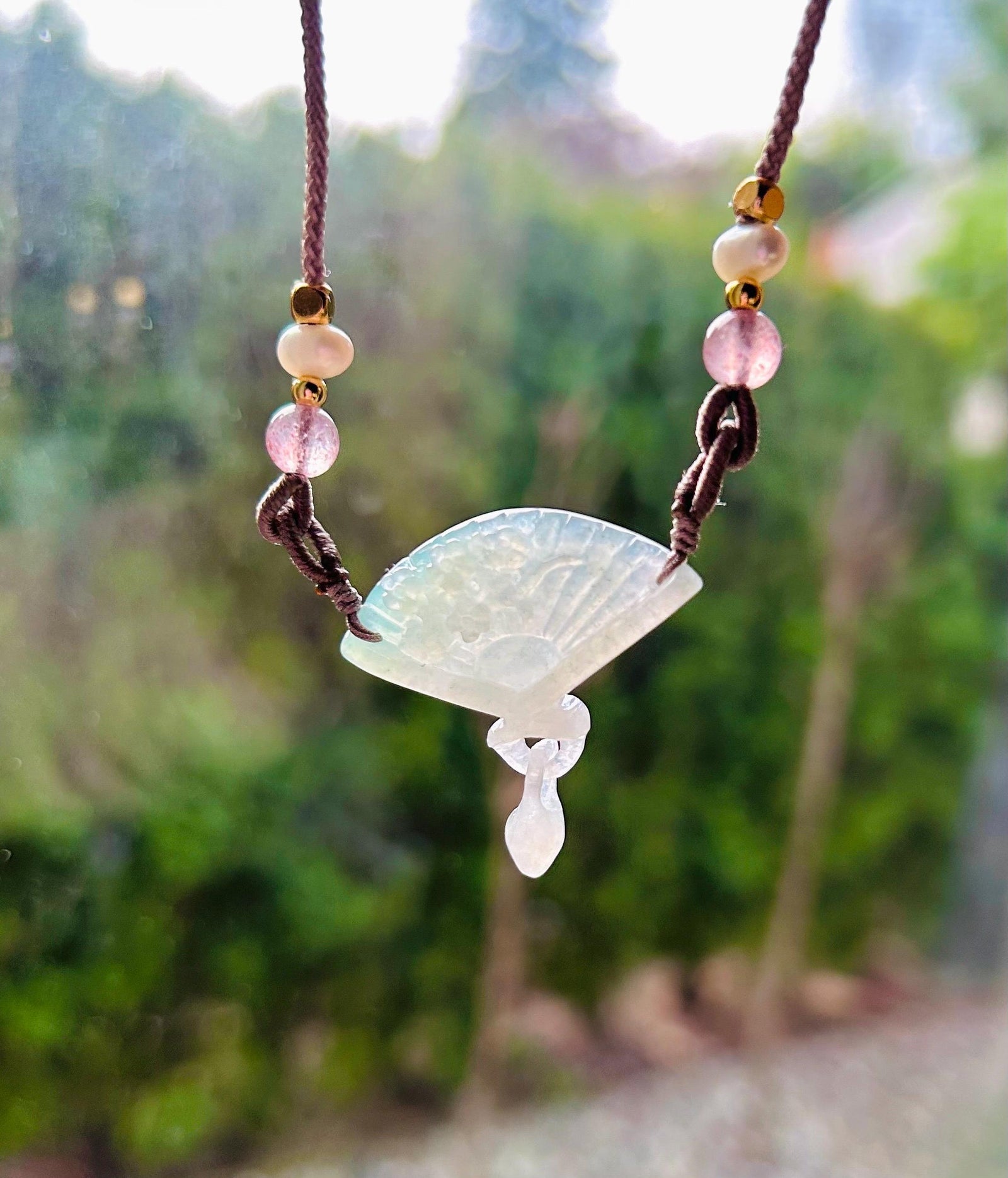 Jadeite Jade Pendant Jewelry Gift Natural Burmese Type A Translucent Icy Green/ Lavender Purple Jade Handcarved Interlocking Rings Fan