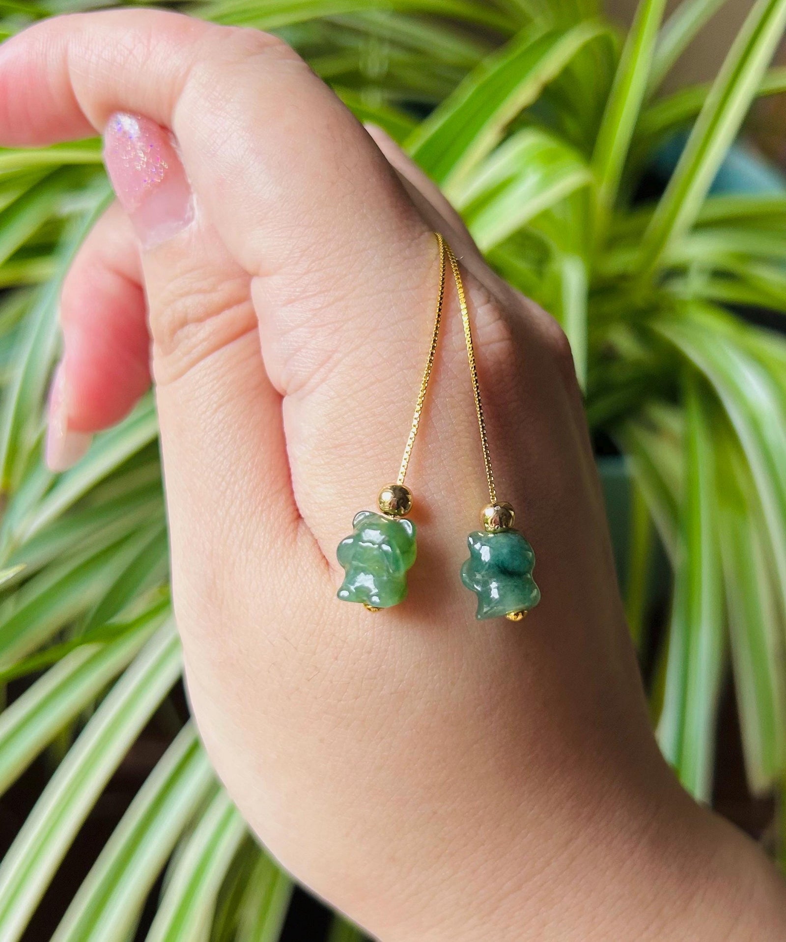 Jadeite Jade Threader Earrings Jewelry Lunar New Year Gift Untreated Burmese Translucent Icy Type A Jadeite 3D Teddy Bear Sterling Silver