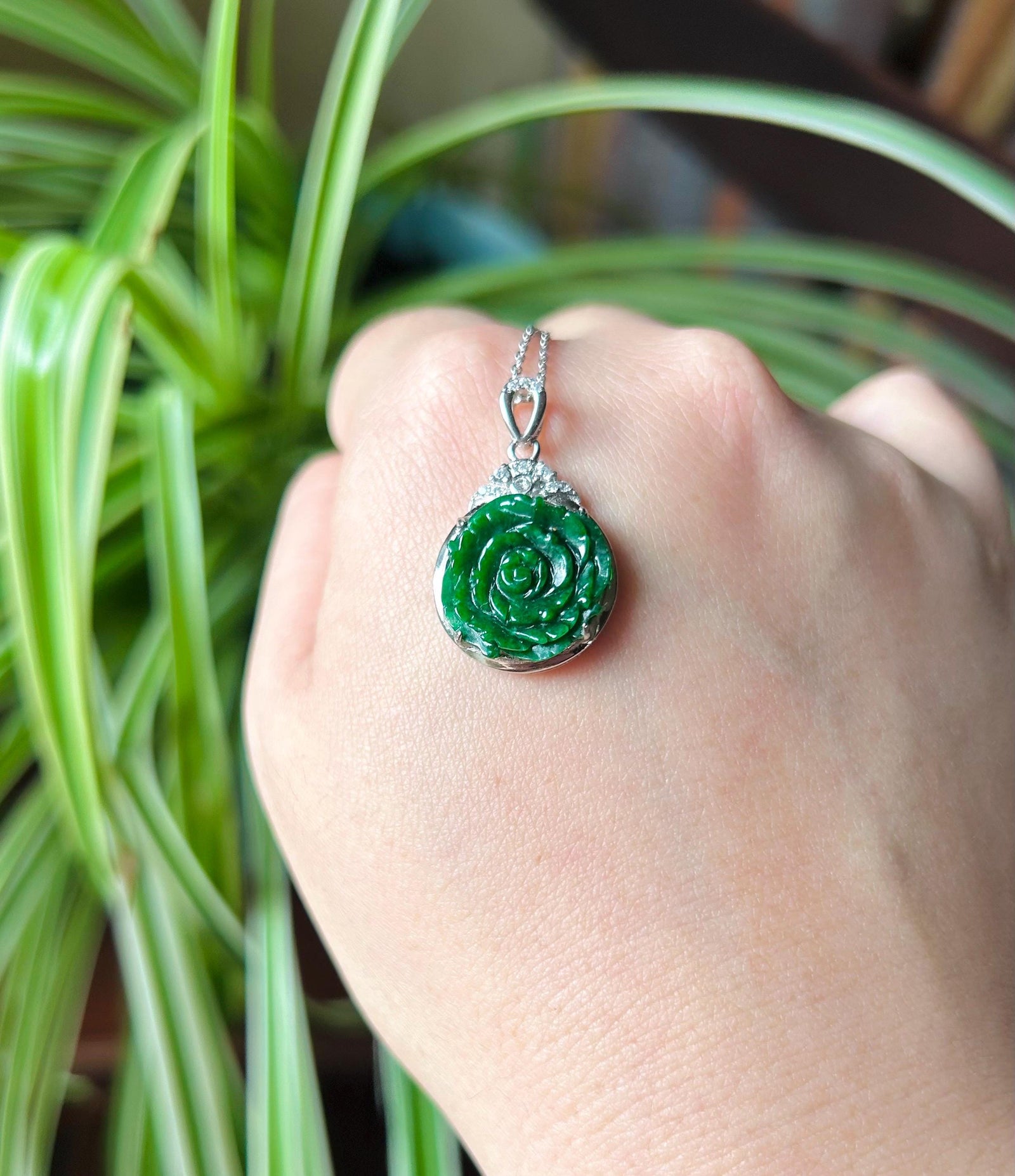 Jadeite Jade Pendant Necklace Jewelry Gift for Her Authentic Type A Icy Translucent Burmese Emerald Green Rose Jadeite Pendant Silver Chain