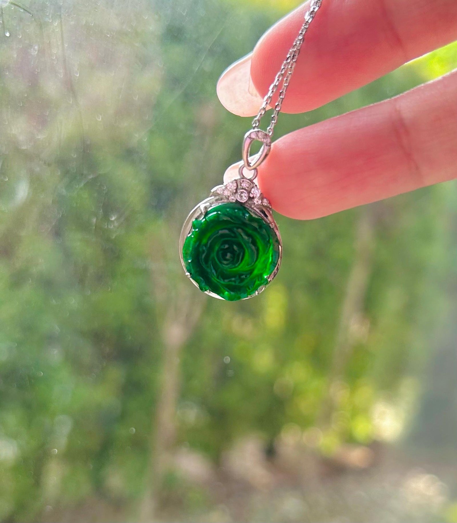Jadeite Jade Pendant Necklace Jewelry Gift for Her Authentic Type A Icy Translucent Burmese Emerald Green Rose Jadeite Pendant Silver Chain