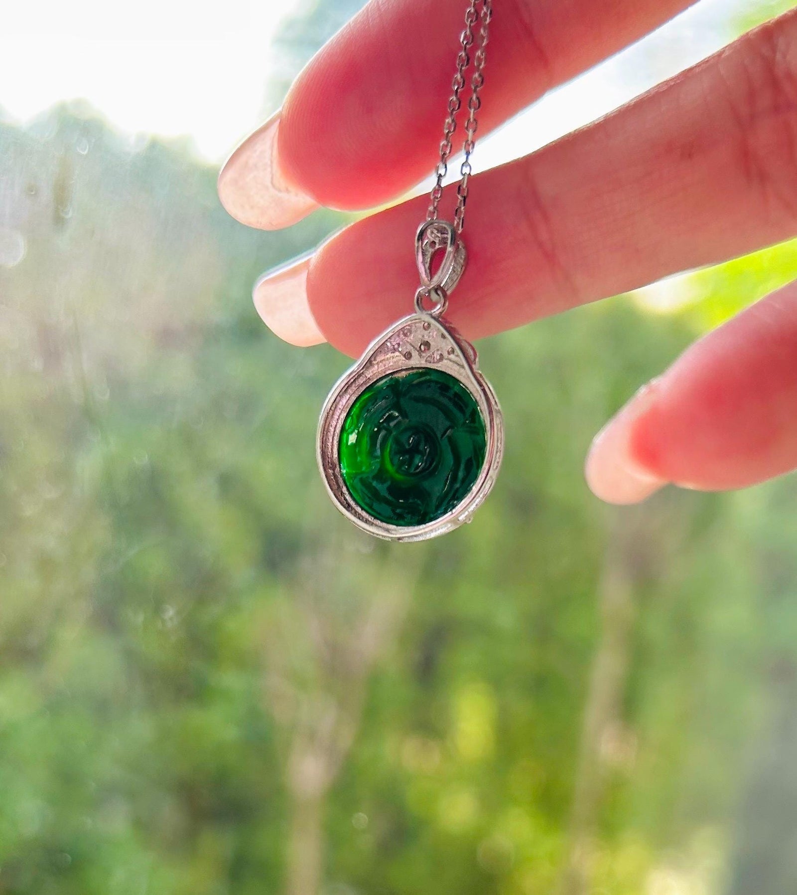 Jadeite Jade Pendant Necklace Jewelry Gift for Her Authentic Type A Icy Translucent Burmese Emerald Green Rose Jadeite Pendant Silver Chain