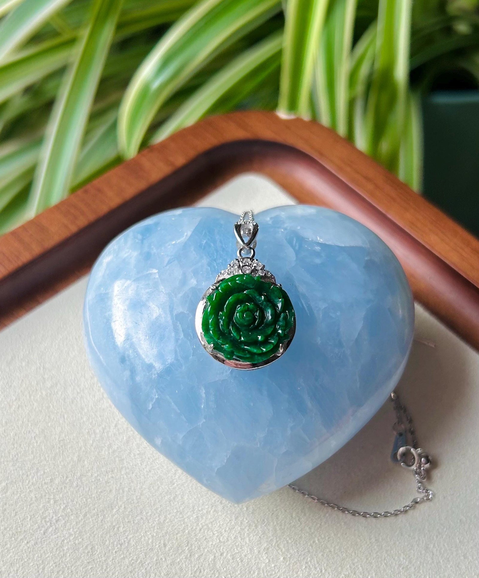 Jadeite Jade Pendant Necklace Jewelry Gift for Her Authentic Type A Icy Translucent Burmese Emerald Green Rose Jadeite Pendant Silver Chain