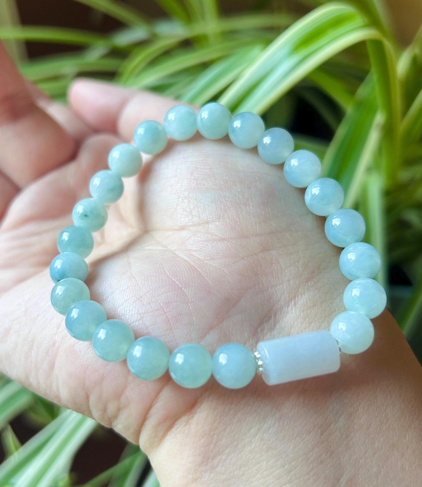 Jadeite Jade Beaded Bracelet Jewelry Lunar New Year’s Gift for Her Burmese Untreated Type A Blue Floral Translucent Icy Jadeite 7.5mm