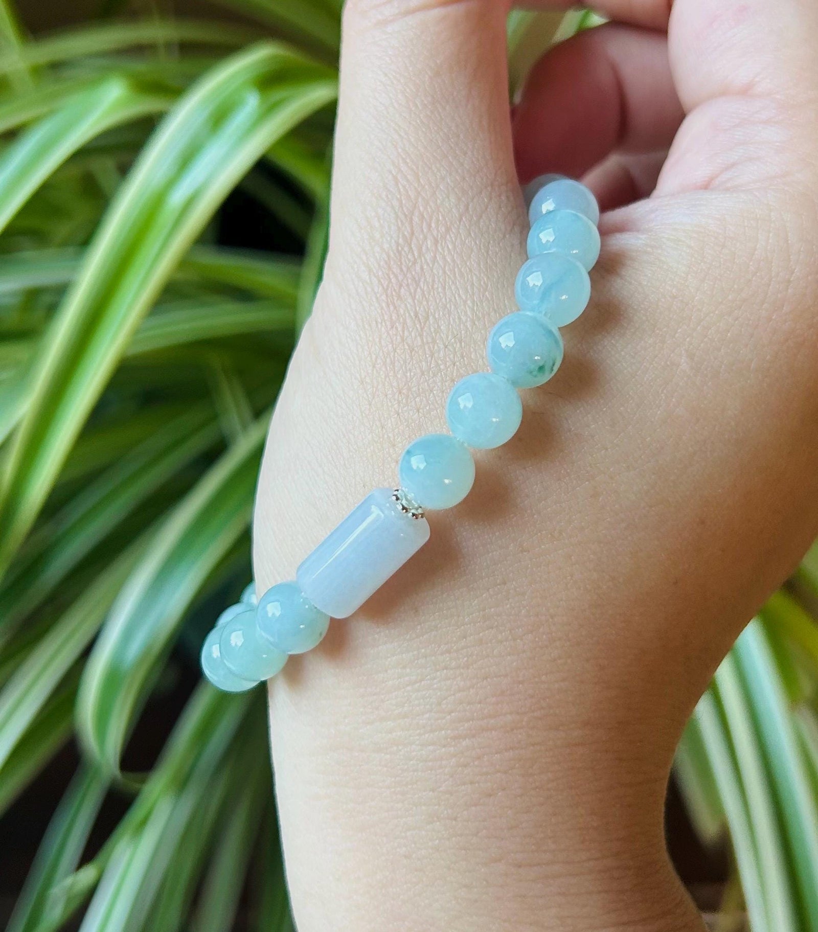 Jadeite Jade Beaded Bracelet Jewelry Lunar New Year’s Gift for Her Burmese Untreated Type A Blue Floral Translucent Icy Jadeite 7.5mm