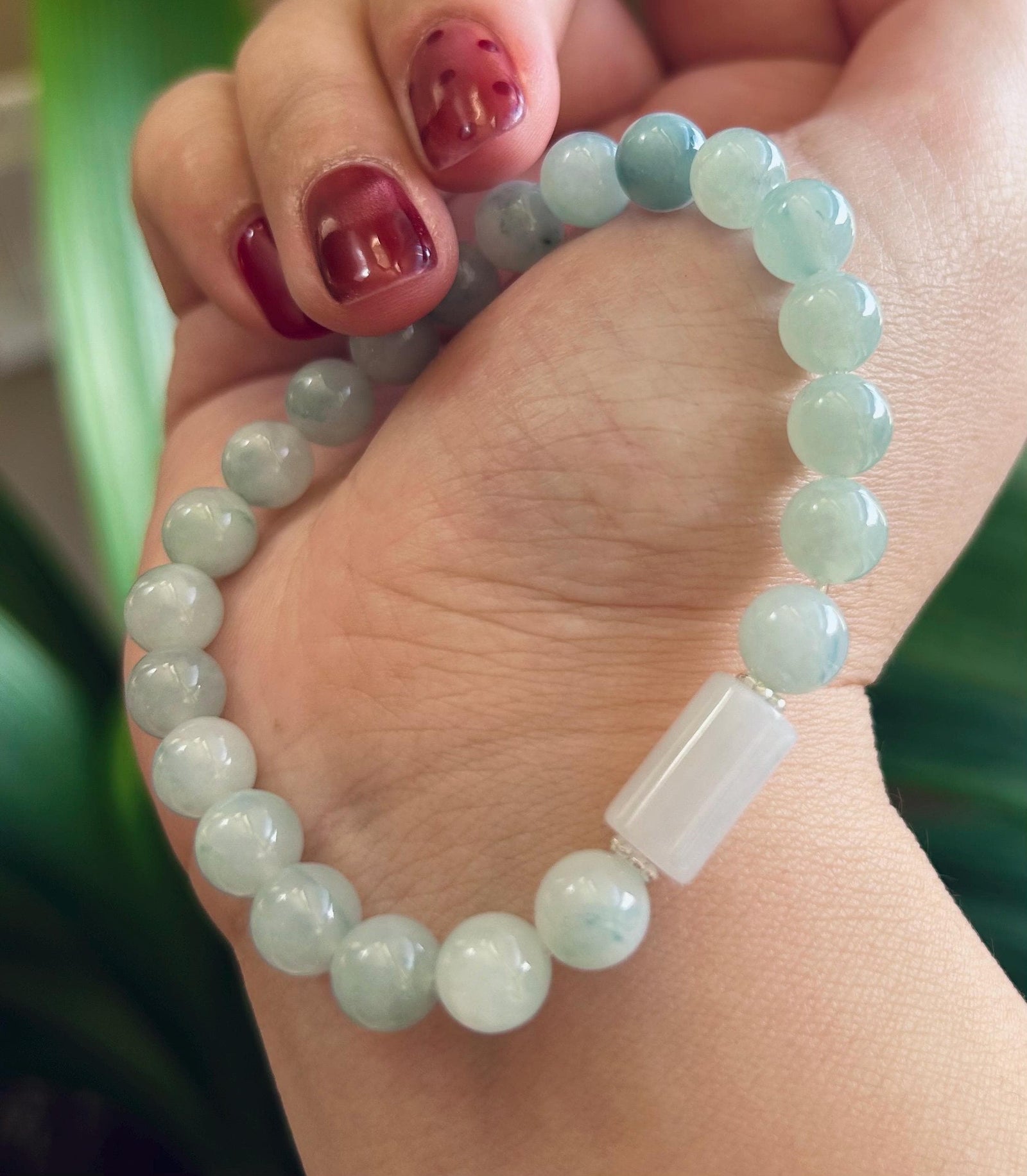 Jadeite Jade Beaded Bracelet Jewelry Lunar New Year’s Gift for Her Burmese Untreated Type A Blue Floral Translucent Icy Jadeite 7.5mm