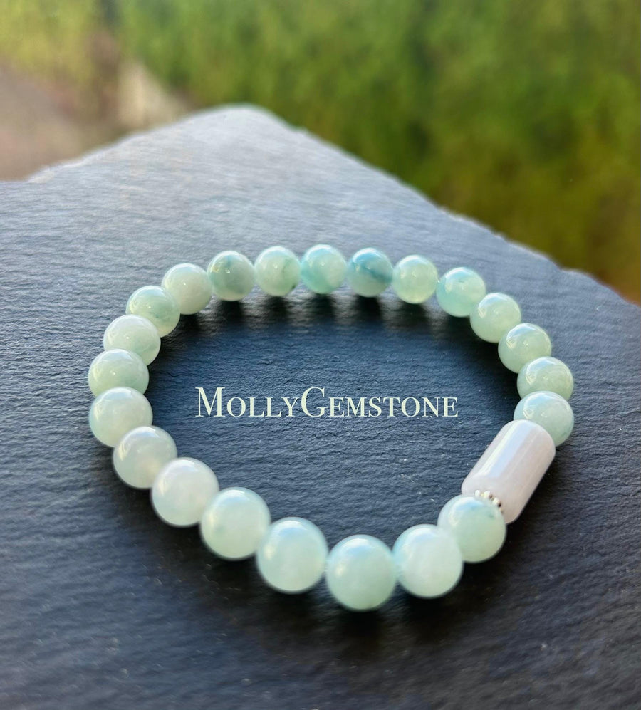 Jadeite Jade Beaded Bracelet Jewelry Lunar New Year’s Gift for Her Burmese Untreated Type A Blue Floral Translucent Icy Jadeite 7.5mm