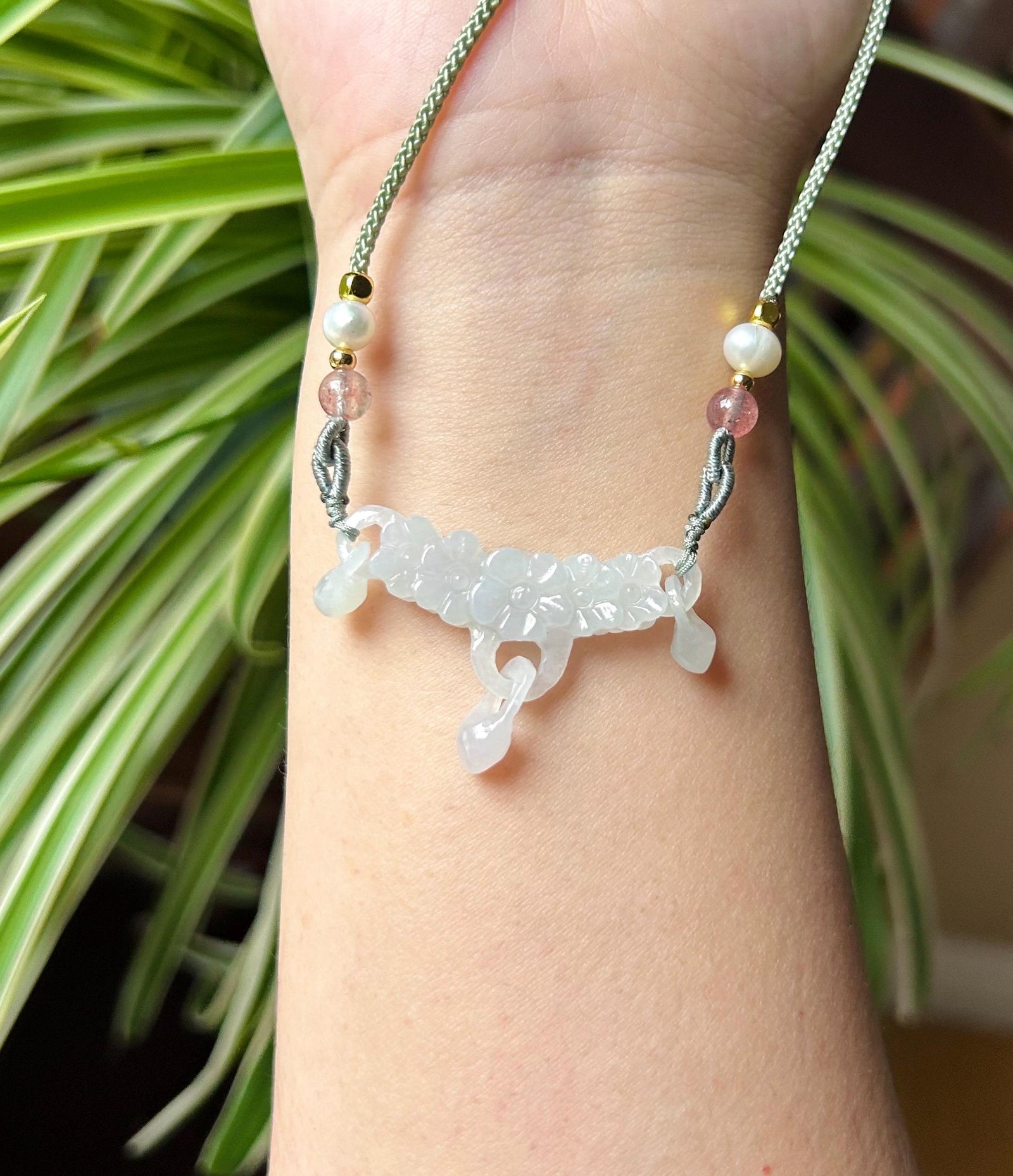 Jadeite Jade Crecent Pendant Jewelry Natural Burmese Untreated Type A Highly Translucent Icy White Jade Carved Flowers Handwowen Necklace