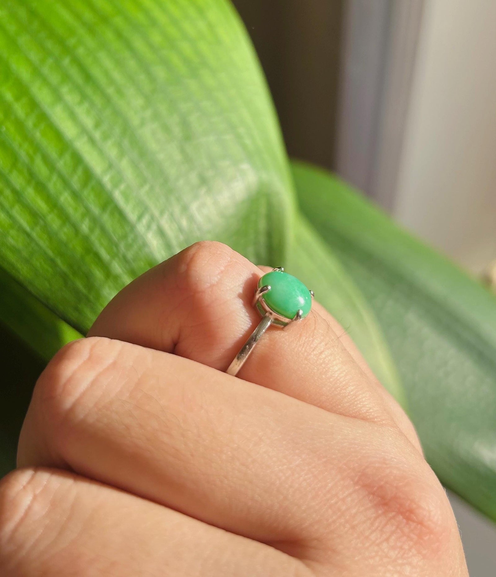 Natural Jadeite Jade Ring Jewelry Translucent Type A Icy Burmese Emerald Green Jadeite Adjustable Sterling Silver Ring Handmade Gift for Her