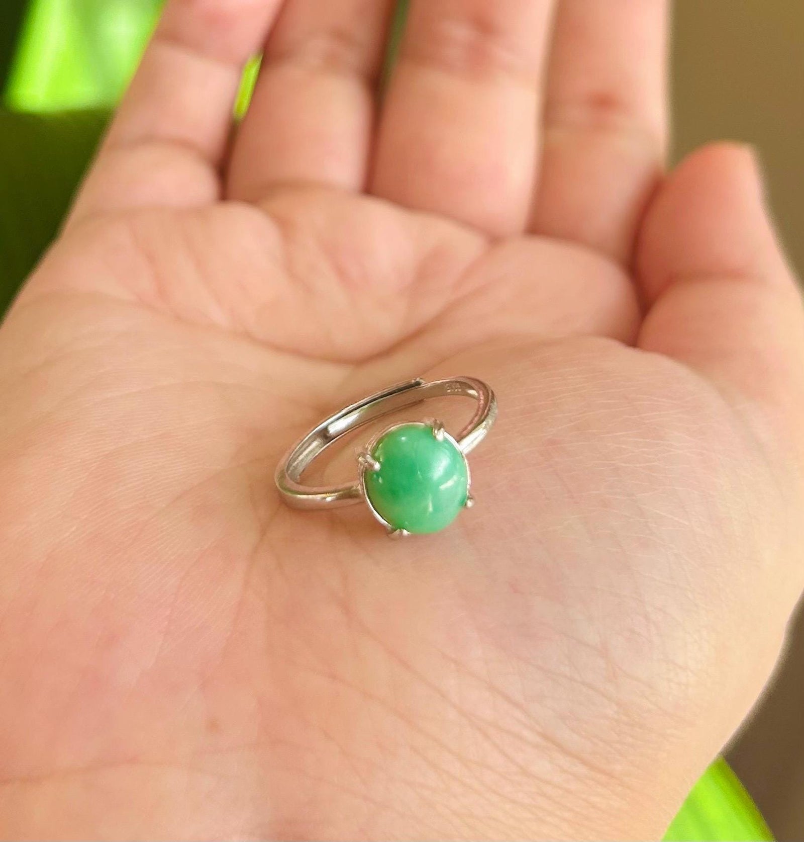 Natural Jadeite Jade Ring Jewelry Translucent Type A Icy Burmese Emerald Green Jadeite Adjustable Sterling Silver Ring Handmade Gift for Her