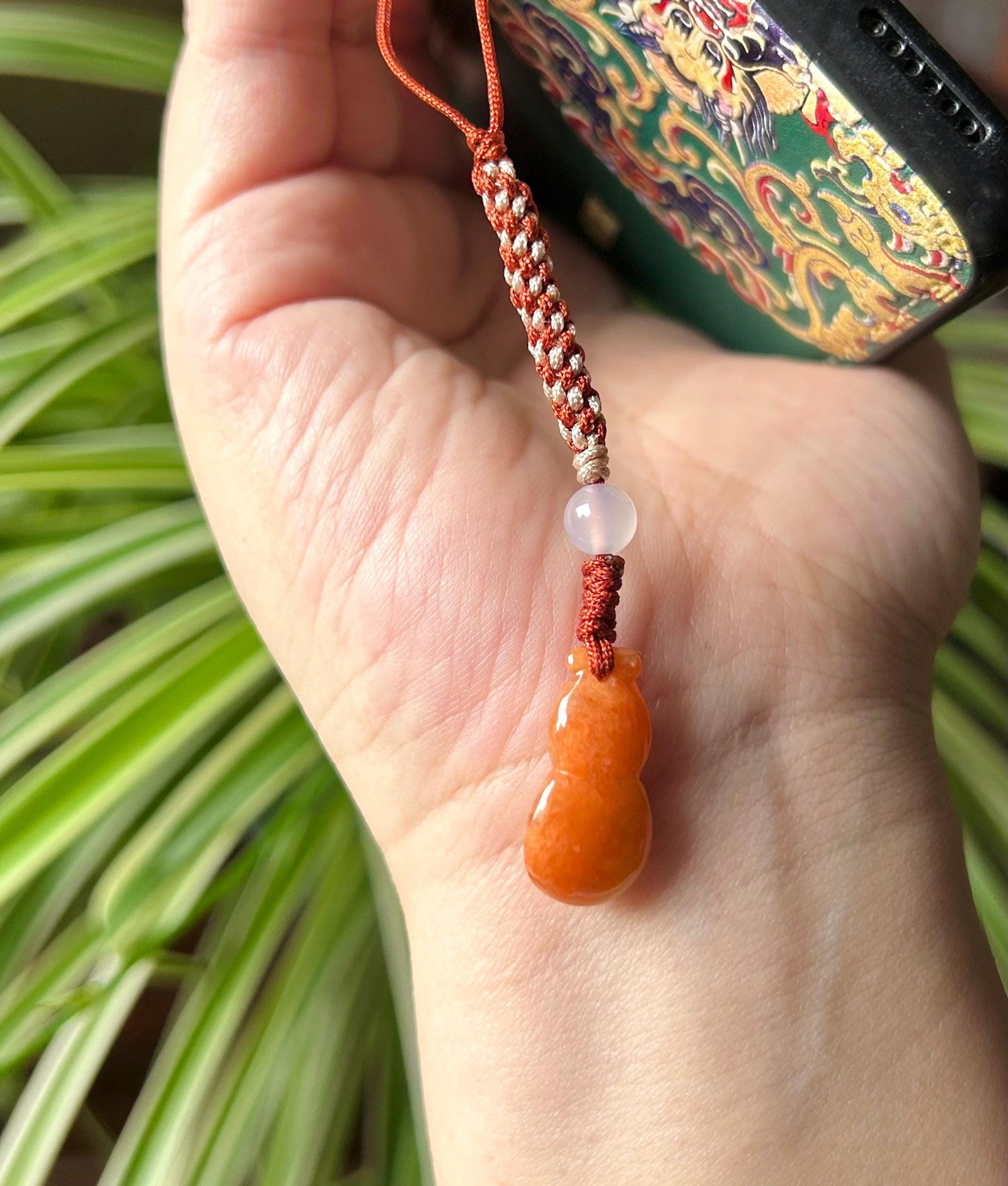 Jadeite Jade Phone Charm Keychain Jewelry New Year’s Gift Authentic Untreated Type A Burmese Icy Lucky HuLu Chinese Knot Protection Amulet