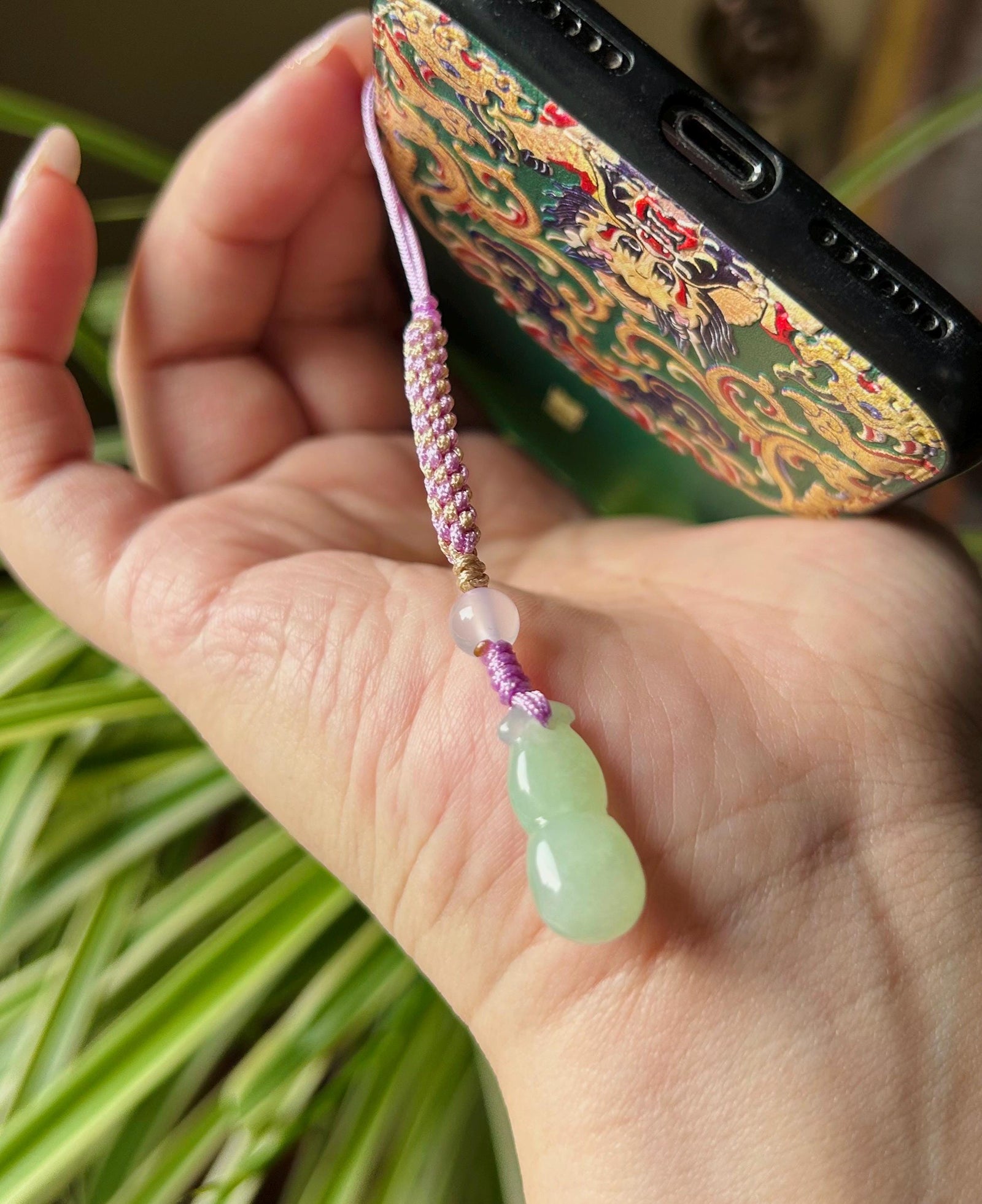 Jadeite Jade Phone Charm Keychain Jewelry New Year’s Gift Authentic Untreated Type A Burmese Icy Lucky HuLu Chinese Knot Protection Amulet