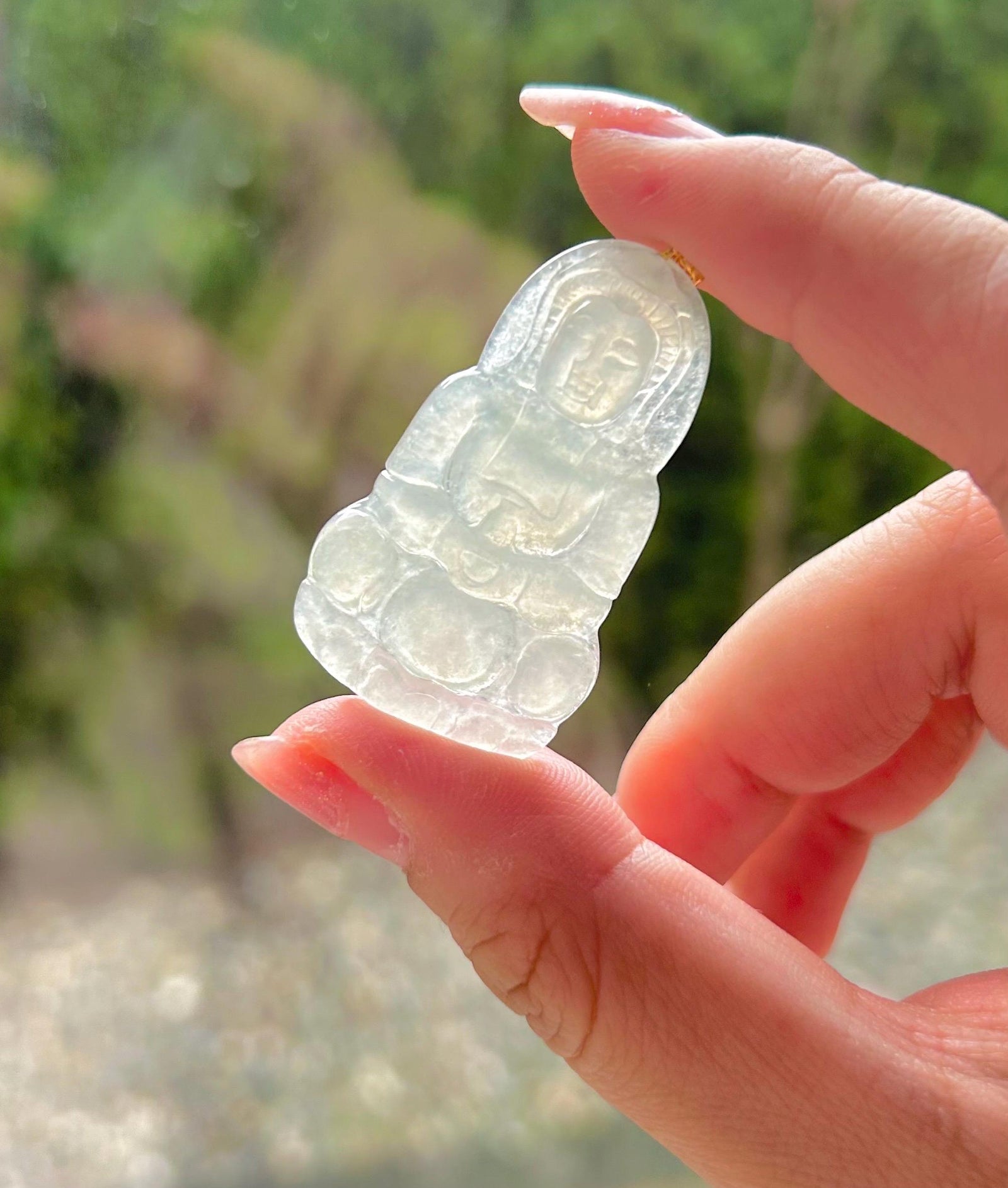 Jadeite Jade Pendant Gift Natural Burmese Untreated Type A Highly Translucent Icy White Jade Guan-Shi-Yin(KuanYin 观音) 18k Solid Gold Bail