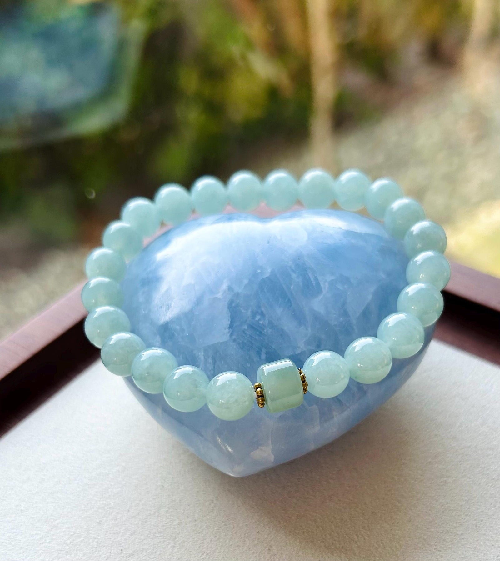 Jadeite Jade Beaded Bracelet Jewelry Lunar New Year’s Gift for Her Natural Burmese Untreated Type A Blue Translucent Icy Jadeite 7.5mm