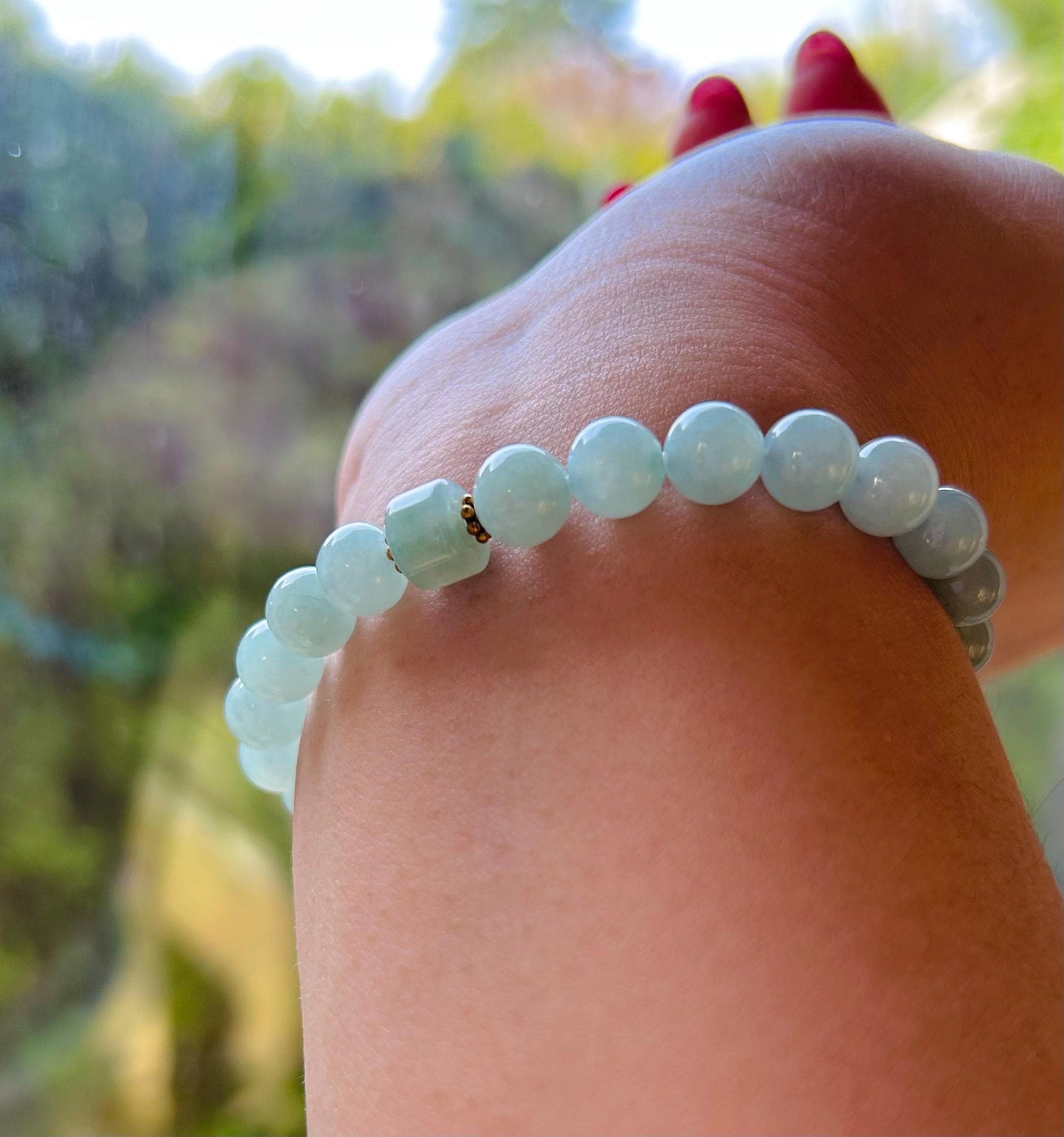 Jadeite Jade Beaded Bracelet Jewelry Lunar New Year’s Gift for Her Natural Burmese Untreated Type A Blue Translucent Icy Jadeite 7.5mm