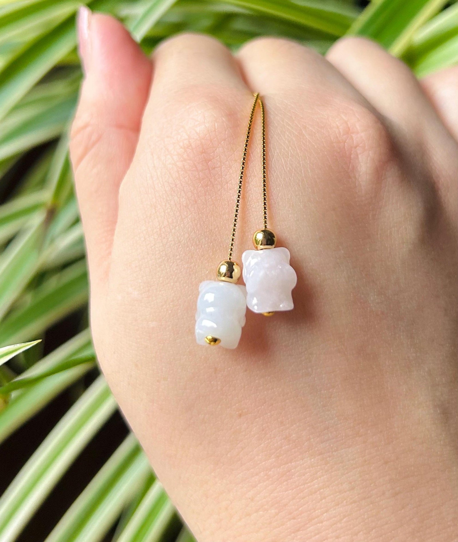 Jadeite Jade Threader Earrings Jewelry Lunar New Year Gift Untreated Burmese Translucent Icy Type A Jadeite 3D Teddy Bear Sterling Silver