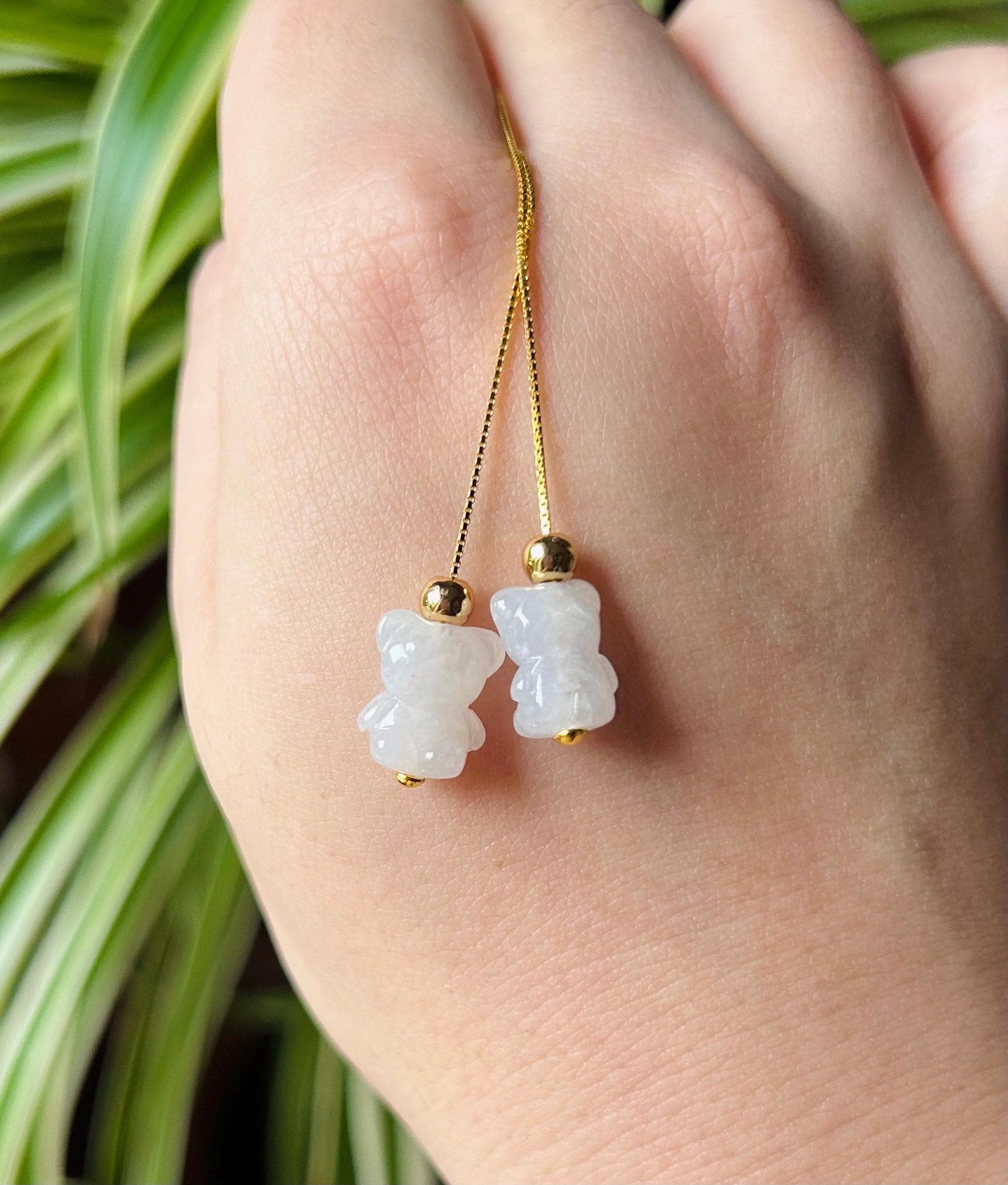 Jadeite Jade Threader Earrings Jewelry Lunar New Year Gift Untreated Burmese Translucent Icy Type A Jadeite 3D Teddy Bear Sterling Silver