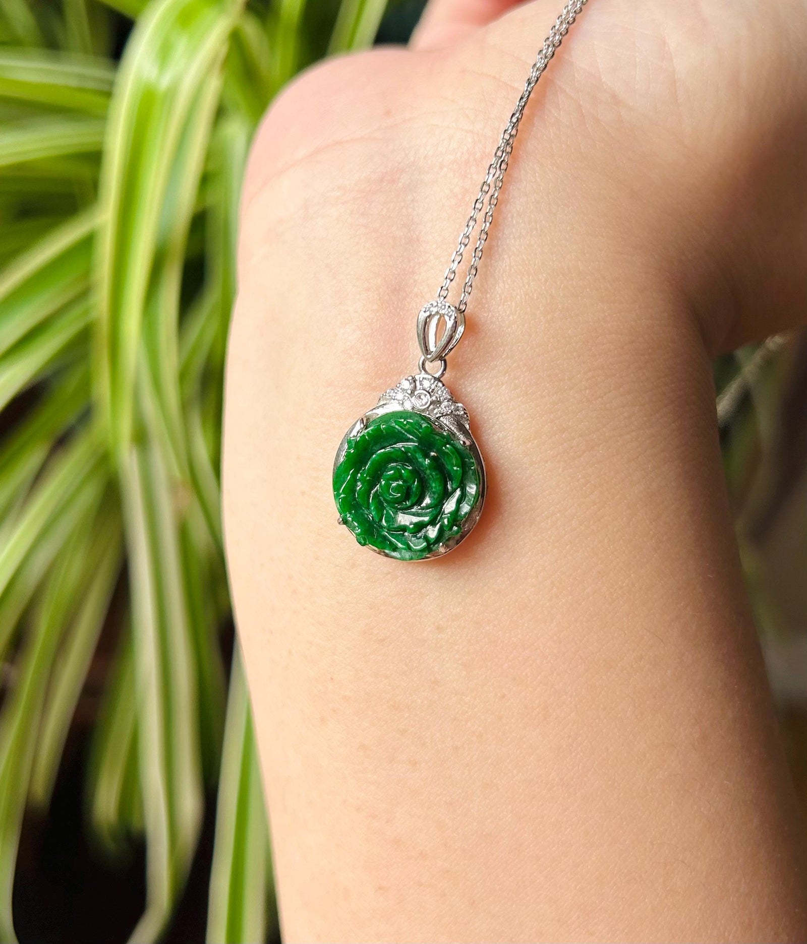 Jadeite Jade Pendant Necklace Jewelry Gift for Her Authentic Type A Icy Translucent Burmese Emerald Green Rose Jadeite Pendant Silver Chain