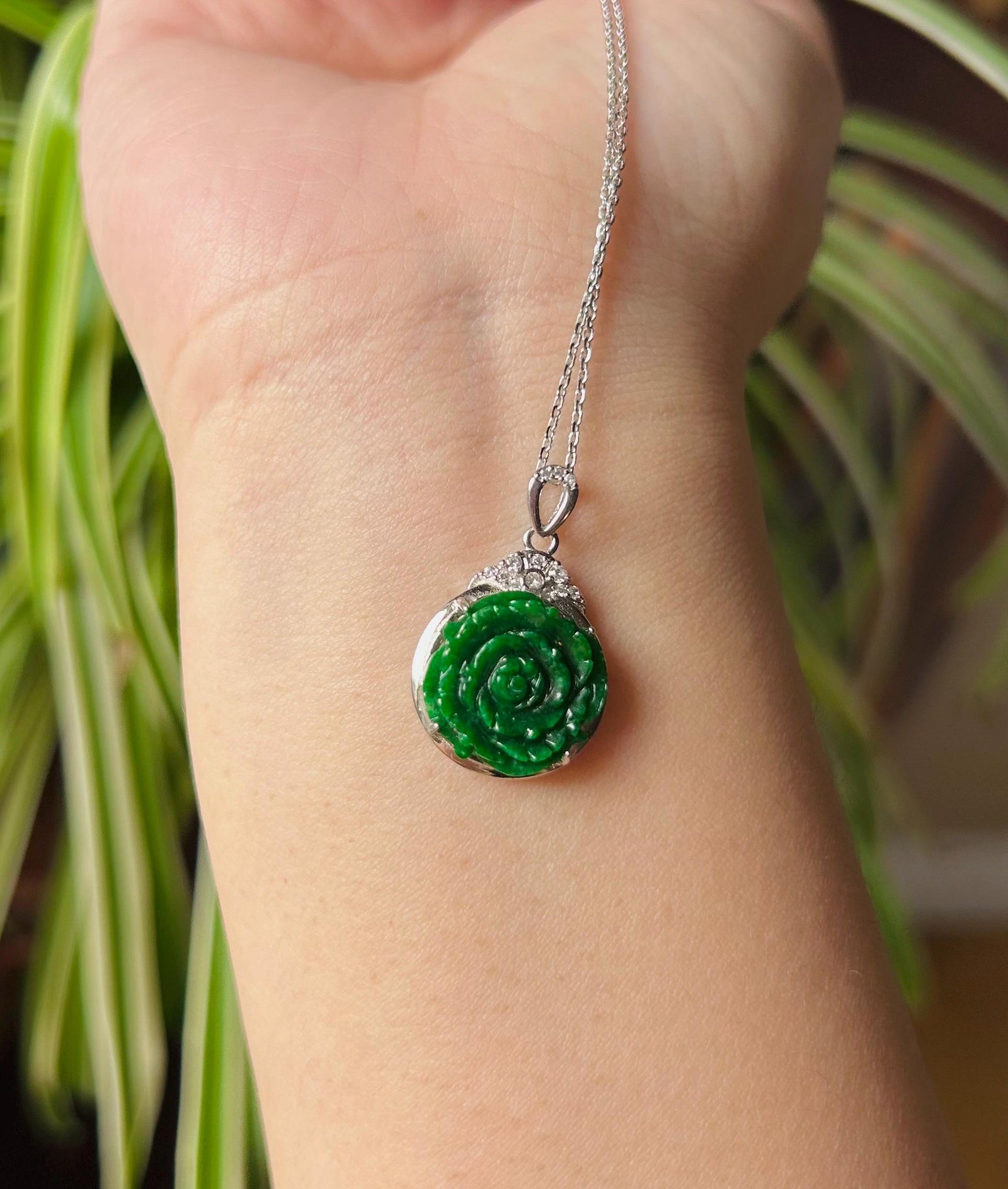 Jadeite Jade Pendant Necklace Jewelry Gift for Her Authentic Type A Icy Translucent Burmese Emerald Green Rose Jadeite Pendant Silver Chain