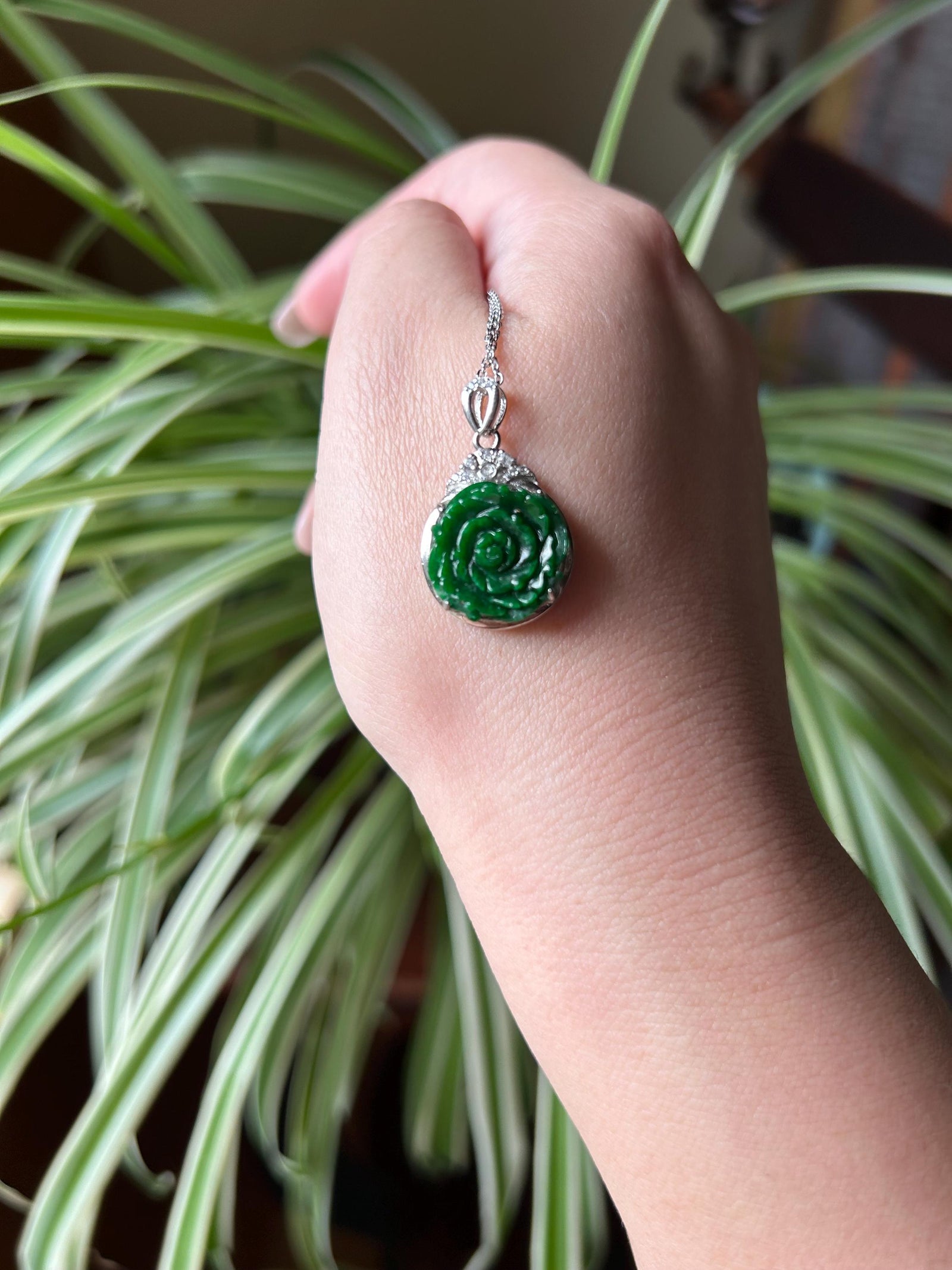 Jadeite Jade Pendant Necklace Jewelry Gift for Her Authentic Type A Icy Translucent Burmese Emerald Green Rose Jadeite Pendant Silver Chain