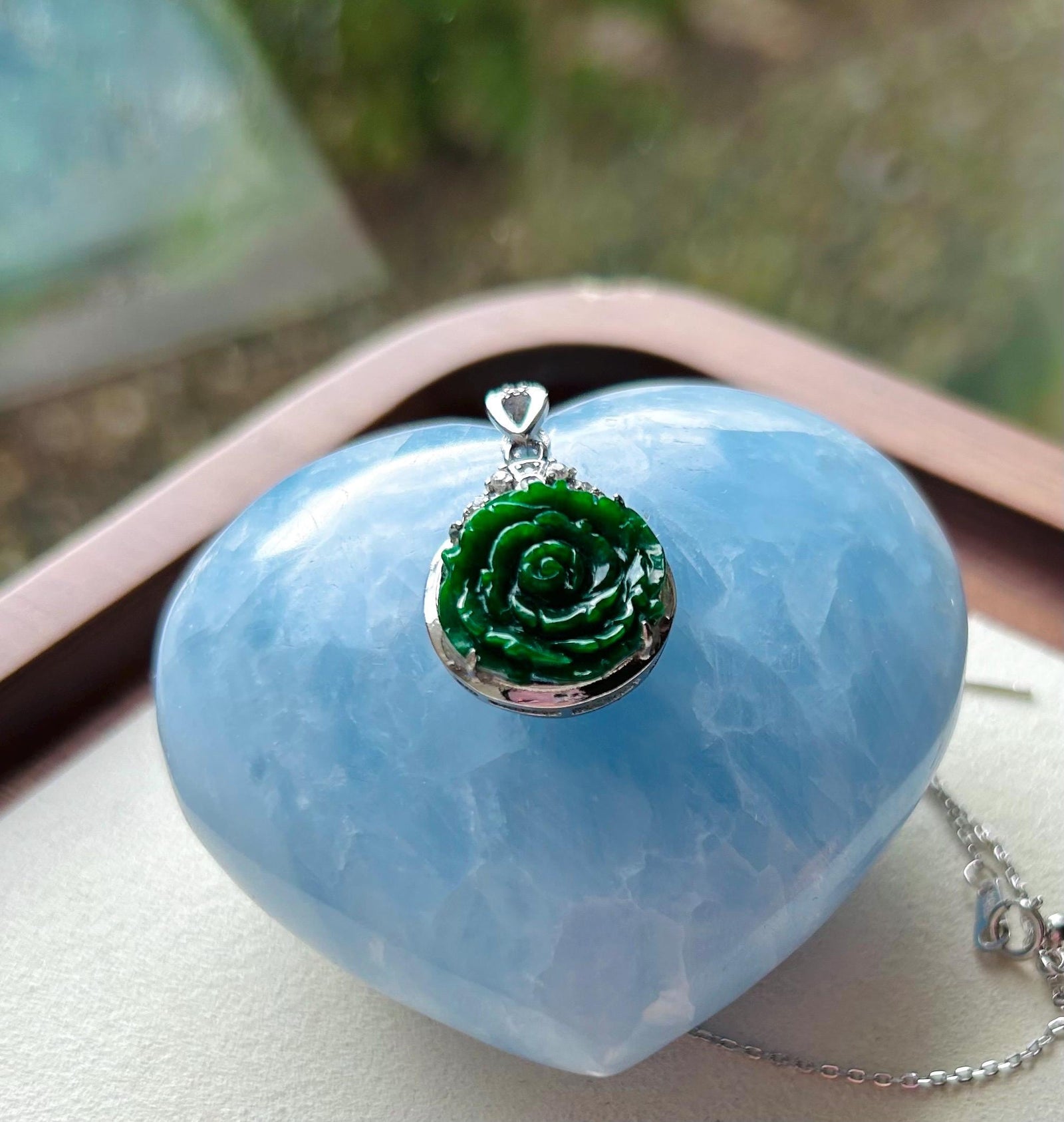 Jadeite Jade Pendant Necklace Jewelry Gift for Her Authentic Type A Icy Translucent Burmese Emerald Green Rose Jadeite Pendant Silver Chain