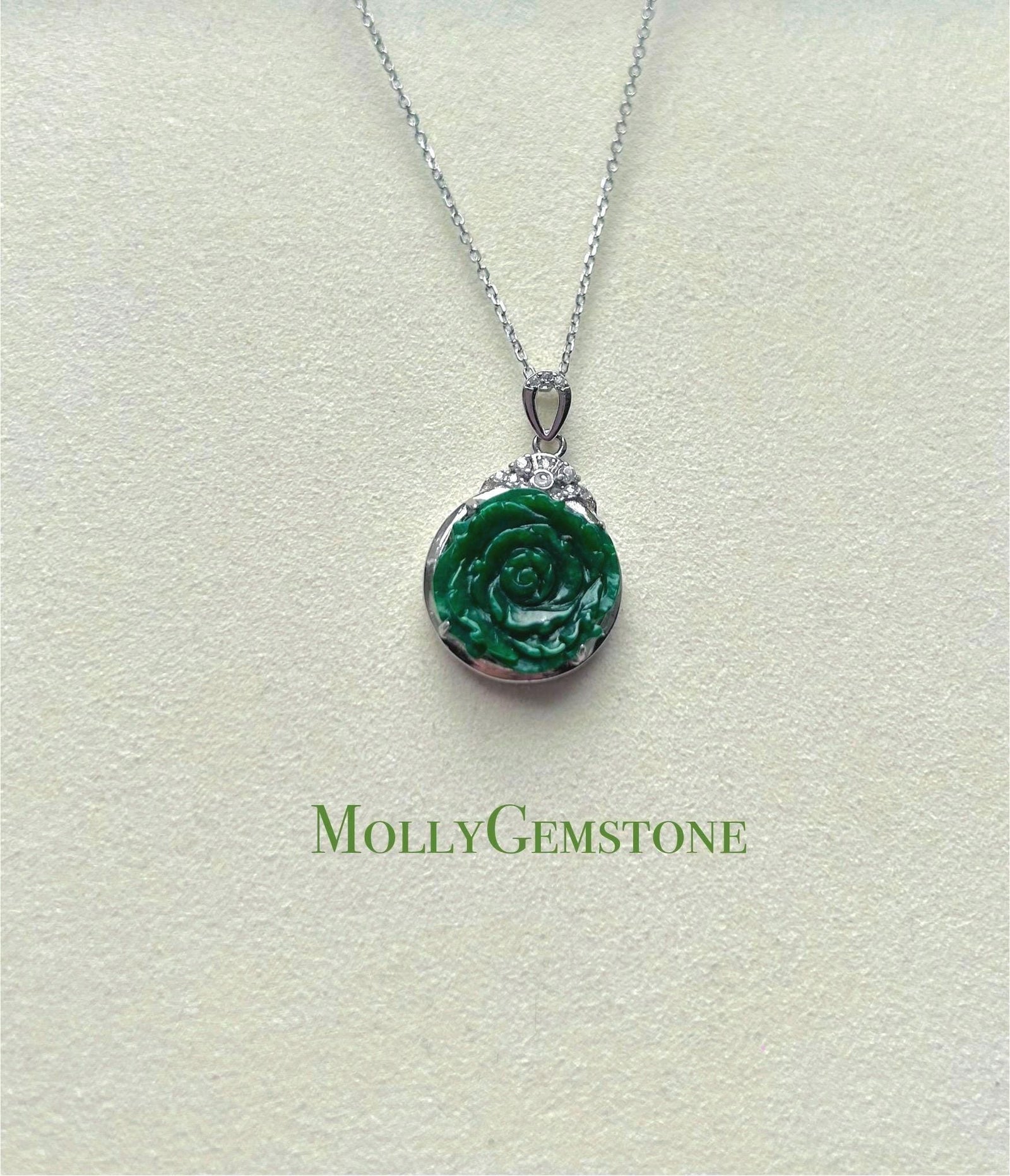 Jadeite Jade Pendant Necklace Jewelry Gift for Her Authentic Type A Icy Translucent Burmese Emerald Green Rose Jadeite Pendant Silver Chain
