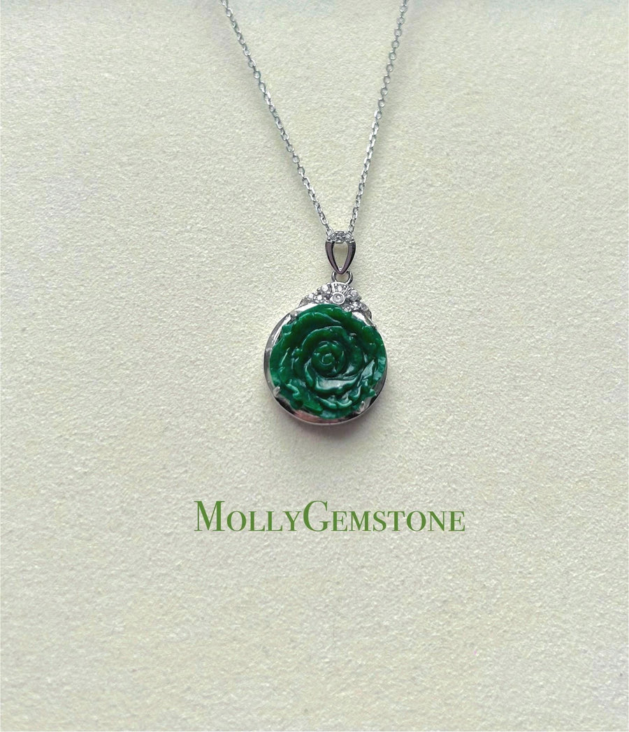 Jadeite Jade Pendant Necklace Jewelry Gift for Her Authentic Type A Icy Translucent Burmese Emerald Green Rose Jadeite Pendant Silver Chain