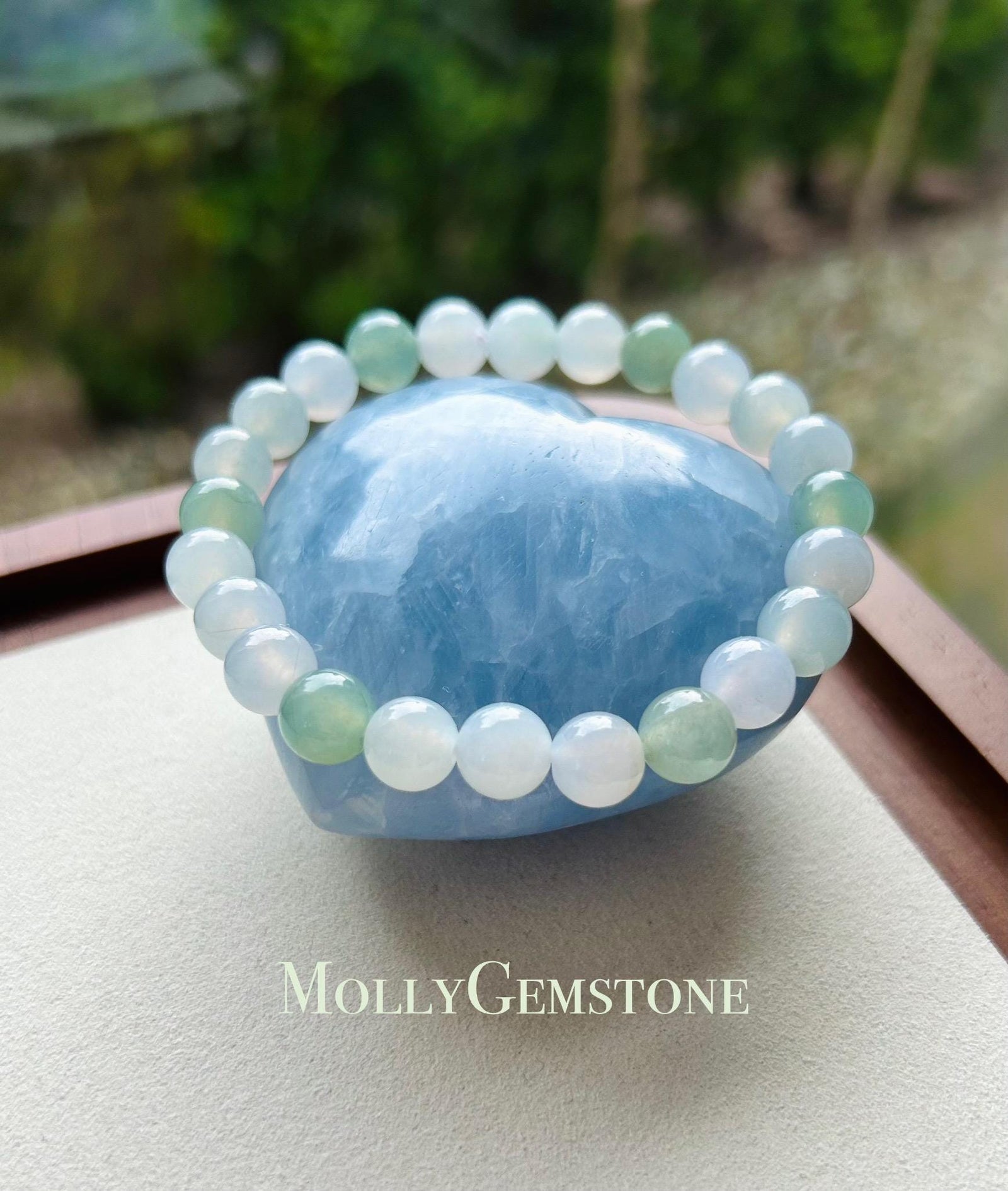 Certified Jadeite Jade Beaded Bracelet Jewelry Gift Authentic Untreated Highly Translucent Type A Burmese Icy Green and White 8.2mm FeiCui