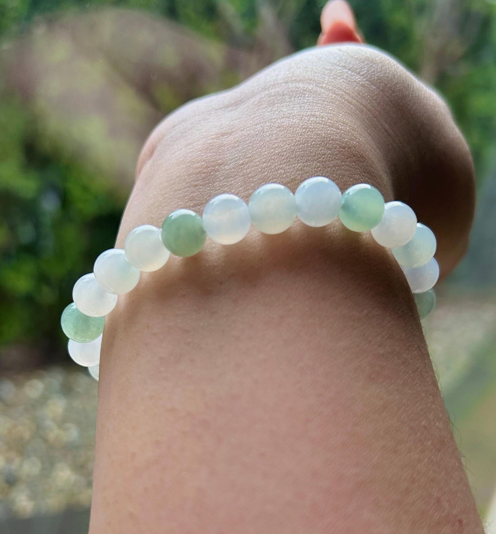 Certified Jadeite Jade Beaded Bracelet Jewelry Gift Authentic Untreated Highly Translucent Type A Burmese Icy Green and White 8.2mm FeiCui