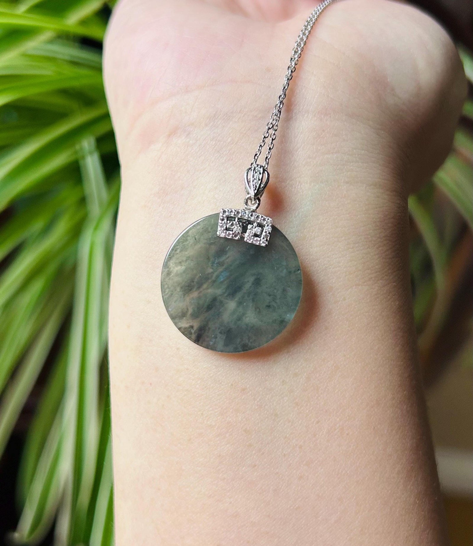 Jadeite Jade Pendant Sterling Silver Necklace Jewelry Burmese Untreated Type A Highly Translucent Icy Wuji(乌鸡) Black Jade New Year Gift 无事牌