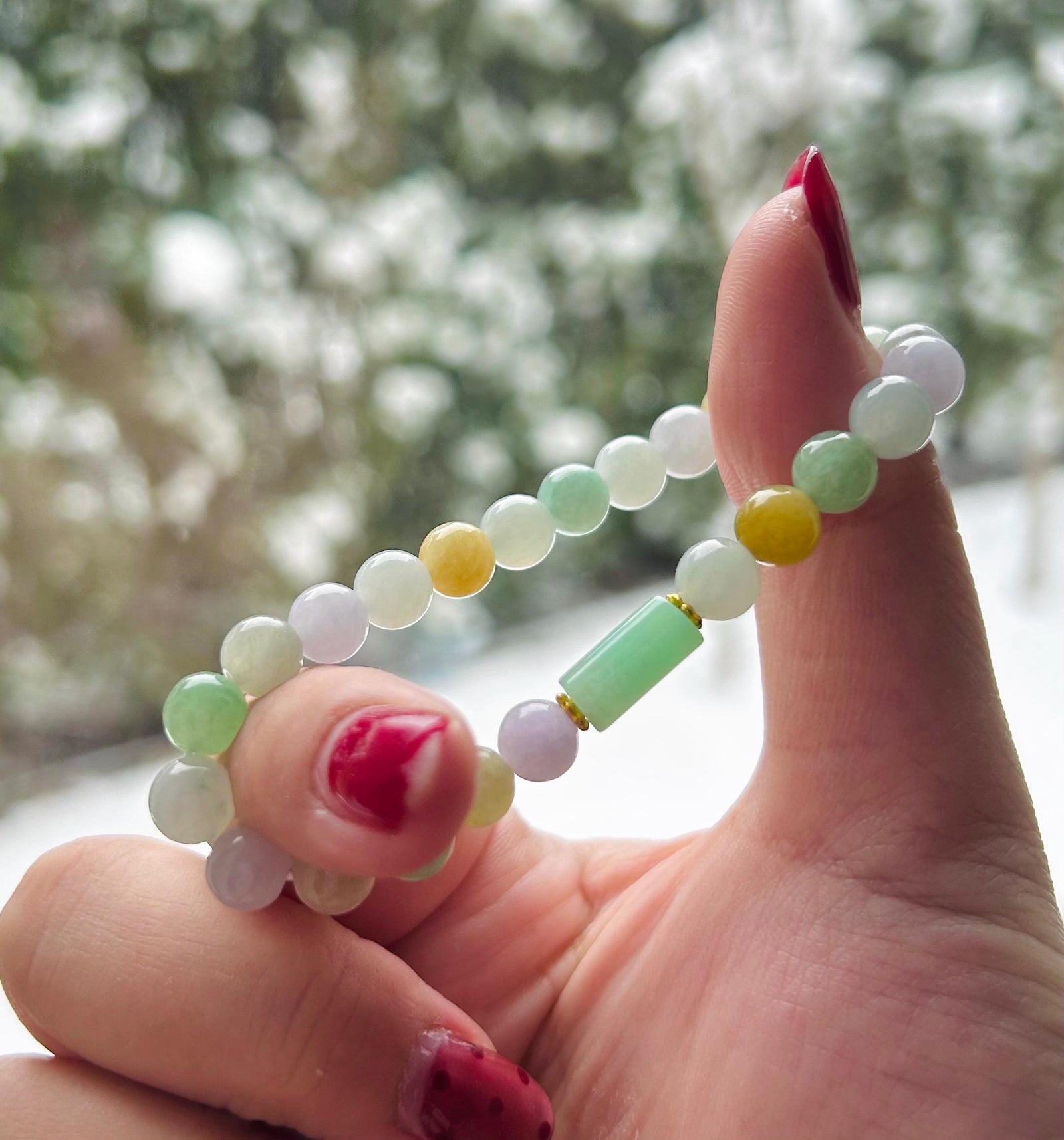 Jadeite Jade Beaded Bracelet Jewelry Natural Burmese Type A Icy Translucent Jadeite Multi-color Rainbow Feicui 7mm Handmade Gift