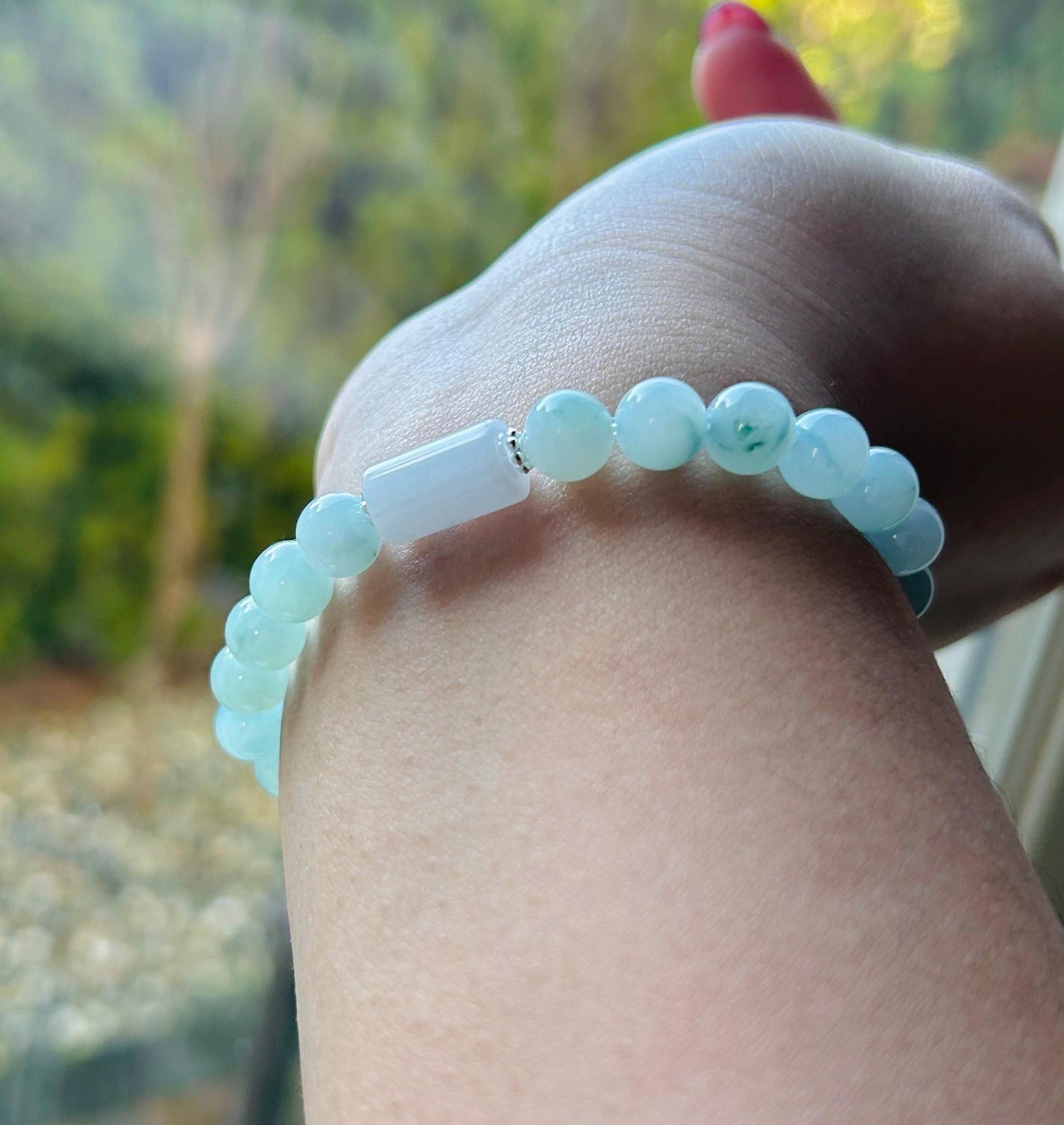 Jadeite Jade Beaded Bracelet Jewelry Lunar New Year’s Gift for Her Burmese Untreated Type A Blue Floral Translucent Icy Jadeite 7.5mm