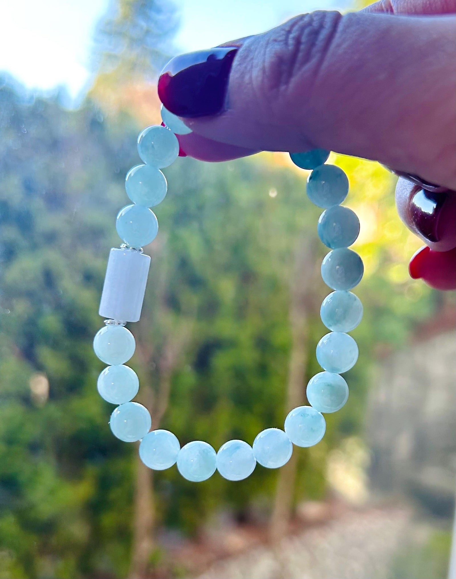 Jadeite Jade Beaded Bracelet Jewelry Lunar New Year’s Gift for Her Burmese Untreated Type A Blue Floral Translucent Icy Jadeite 7.5mm