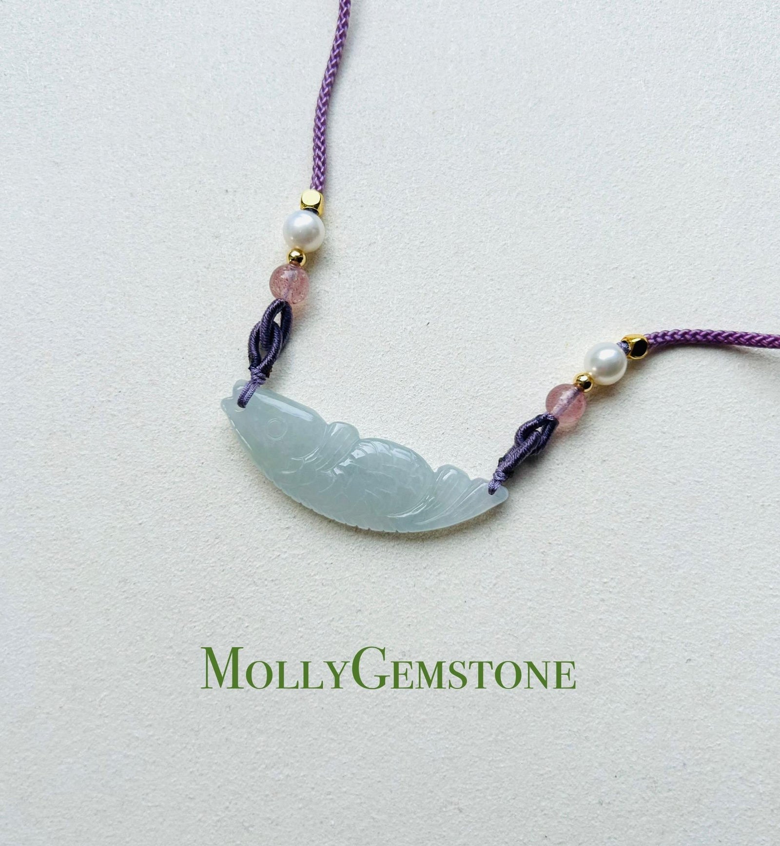 Jadeite Jade Crecent Pendant Jewelry Natural Burmese Type A Translucent Icy Blue Jade Carved Koi Fish(锦鲤) Handwowen Necklace New Year’s Gift