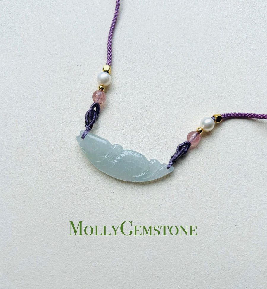 Jadeite Jade Crecent Pendant Jewelry Natural Burmese Type A Translucent Icy Blue Jade Carved Koi Fish(锦鲤) Handwowen Necklace New Year’s Gift