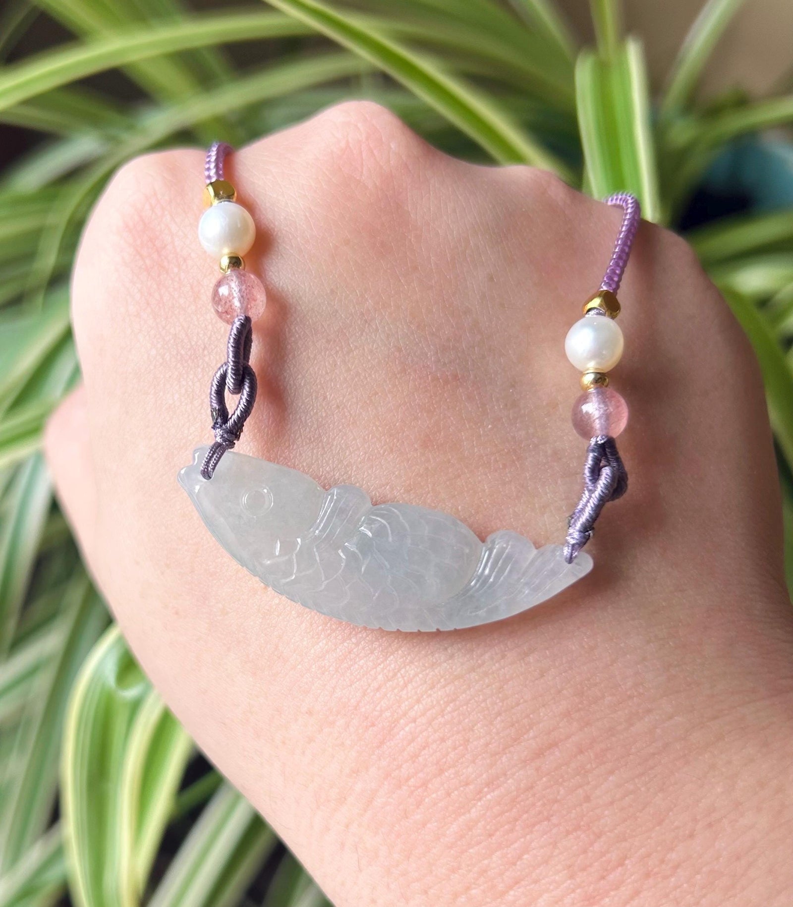 Jadeite Jade Crecent Pendant Jewelry Natural Burmese Type A Translucent Icy Blue Jade Carved Koi Fish(锦鲤) Handwowen Necklace New Year’s Gift