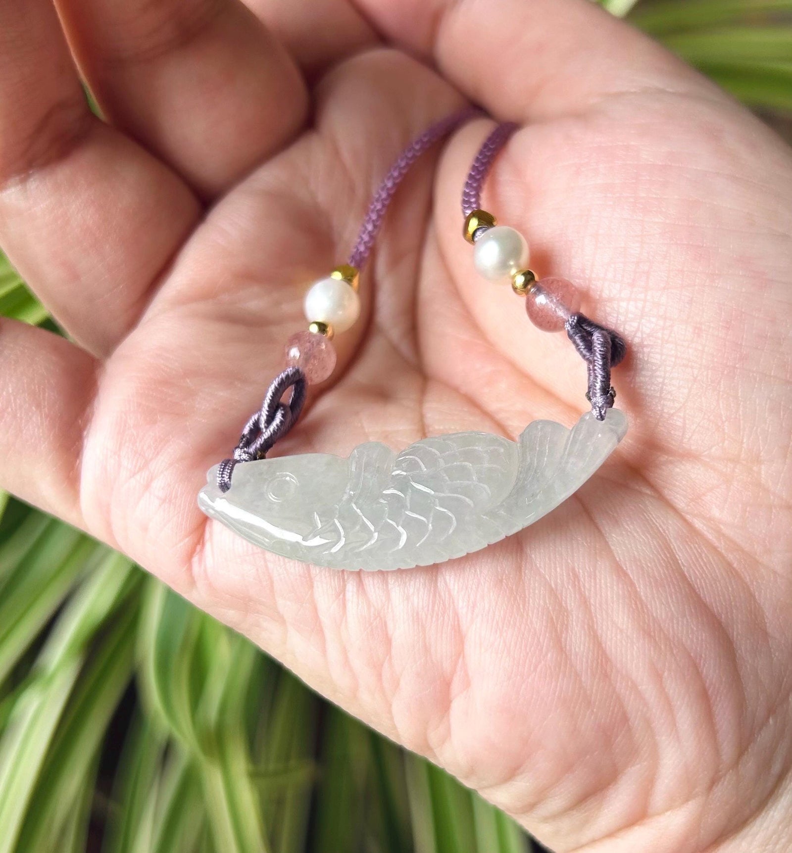 Jadeite Jade Crecent Pendant Jewelry Natural Burmese Type A Translucent Icy Blue Jade Carved Koi Fish(锦鲤) Handwowen Necklace New Year’s Gift