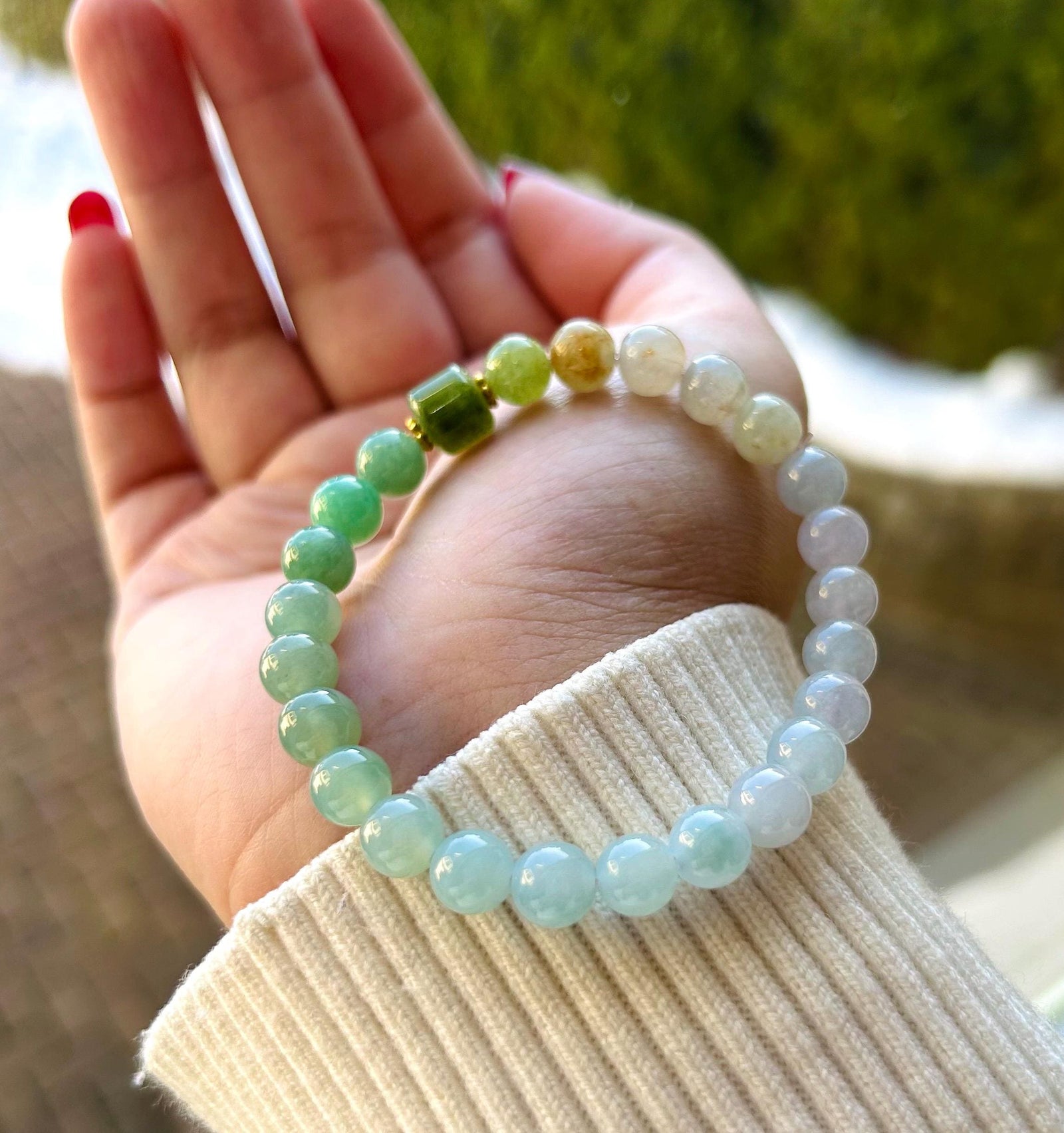 Jadeite Jade Beaded Bracelet Jewelry Natural Burmese Type A Icy Highly Translucent Jadeite MultiColor Rainbow Feicui 7mm Handmade Gift