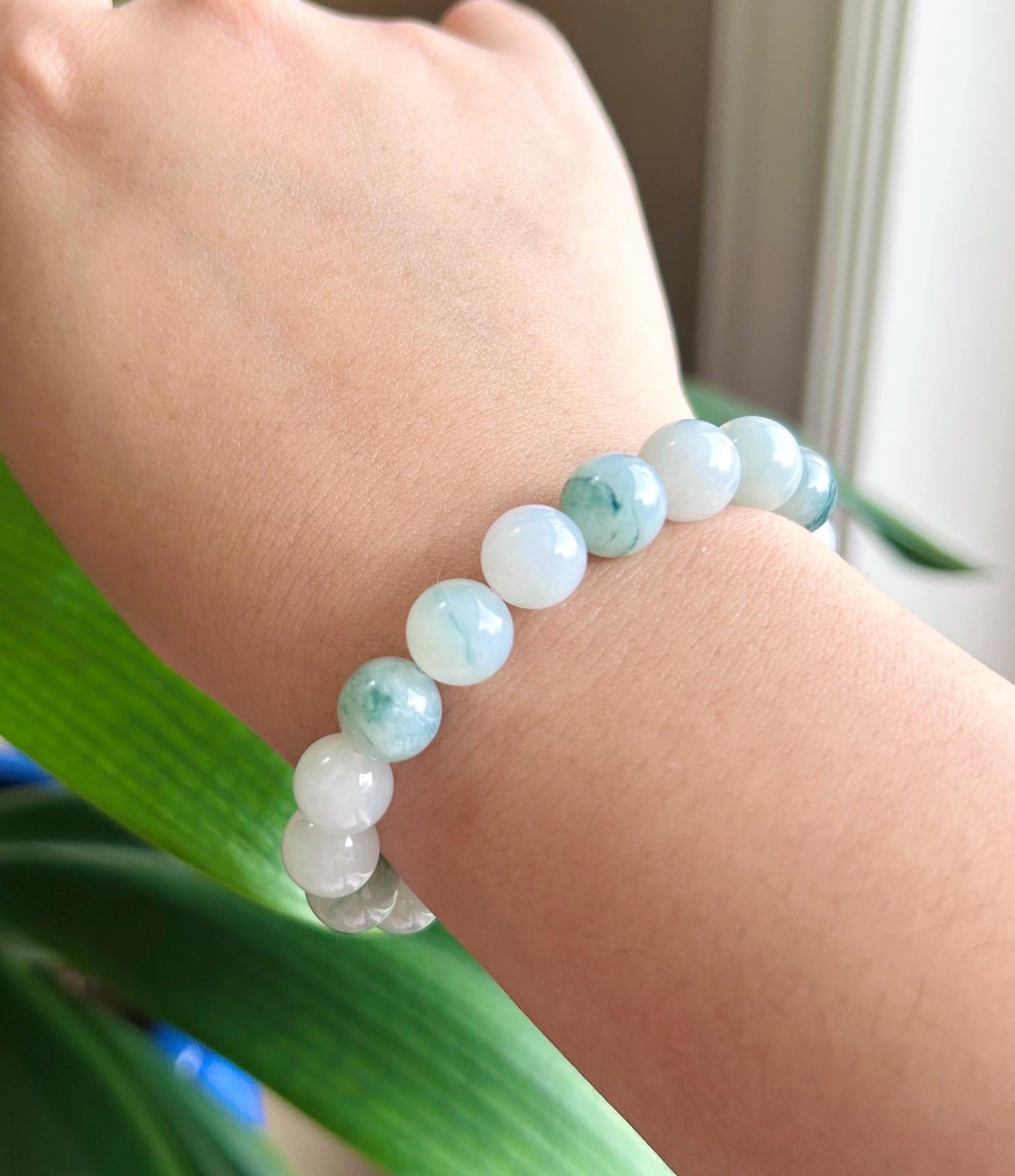 Jadeite Jade Beaded Bracelet Jewelry Authentic Untreated Genuine Type A Burmese Icy Translucent Blue Floral(蓝飘花) 10mm FeiCui Handemade Gift