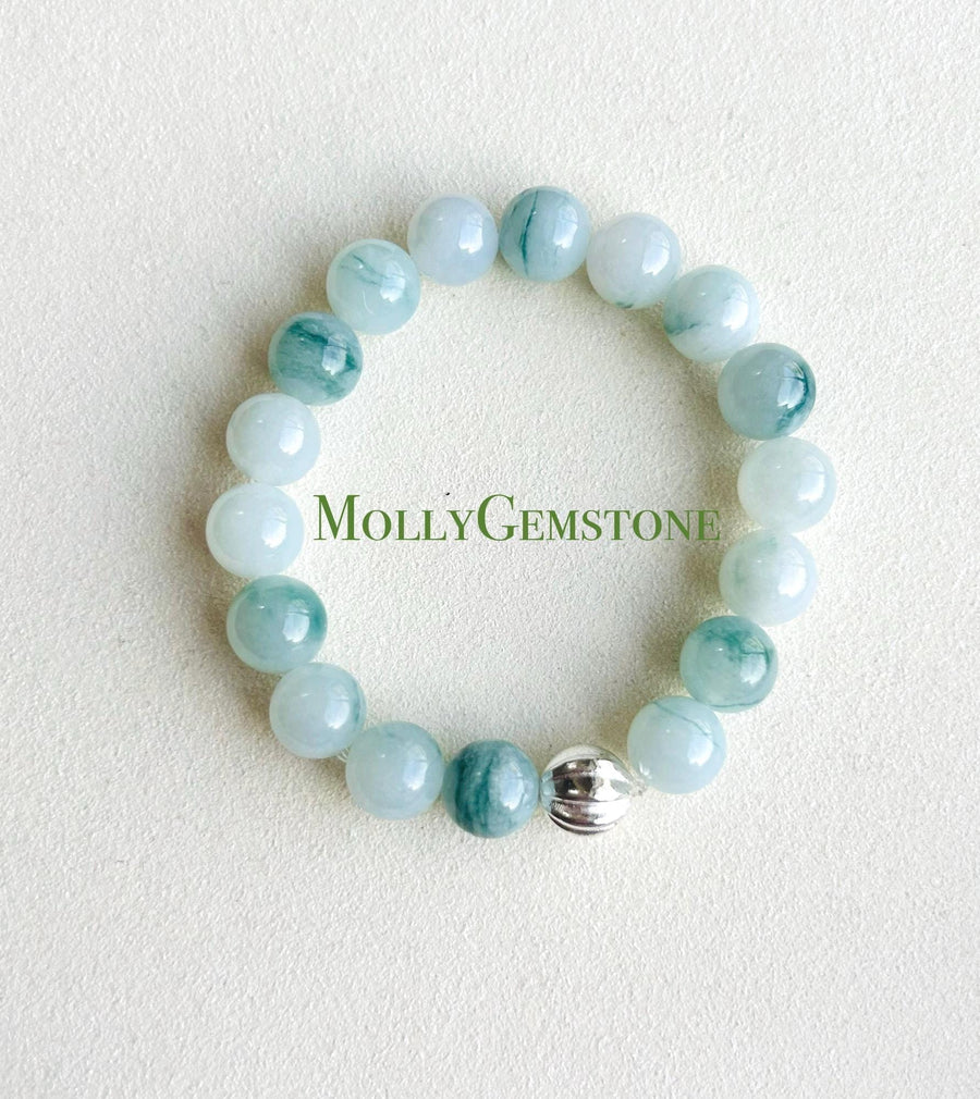 Jadeite Jade Beaded Bracelet Jewelry Authentic Untreated Genuine Type A Burmese Icy Translucent Blue Floral(蓝飘花) 10mm FeiCui Handemade Gift