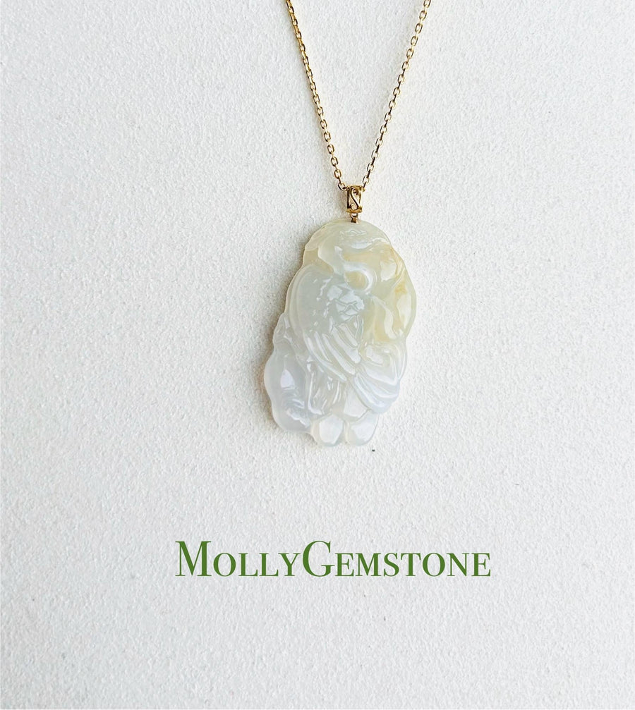 Jadeite Jade Pendant Jewelry Authentic Burmese Untreated Type A Highly Translucent Icy Yellow Crane Pendant 18k Solid Gold Bail Gift for Her