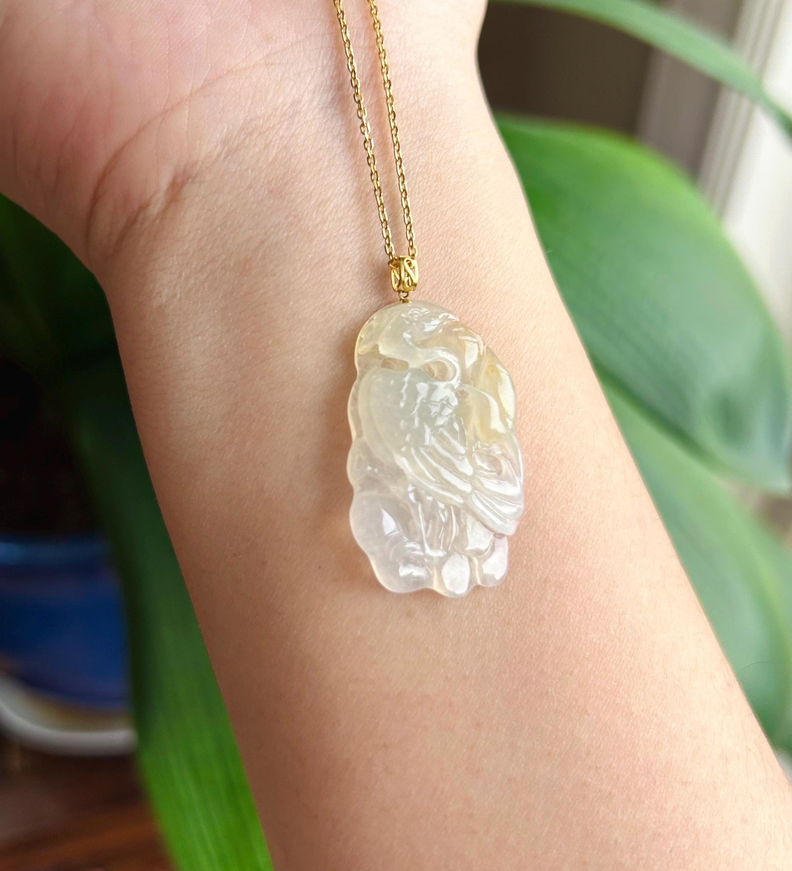 Jadeite Jade Pendant Jewelry Authentic Burmese Untreated Type A Highly Translucent Icy Yellow Crane Pendant 18k Solid Gold Bail Gift for Her