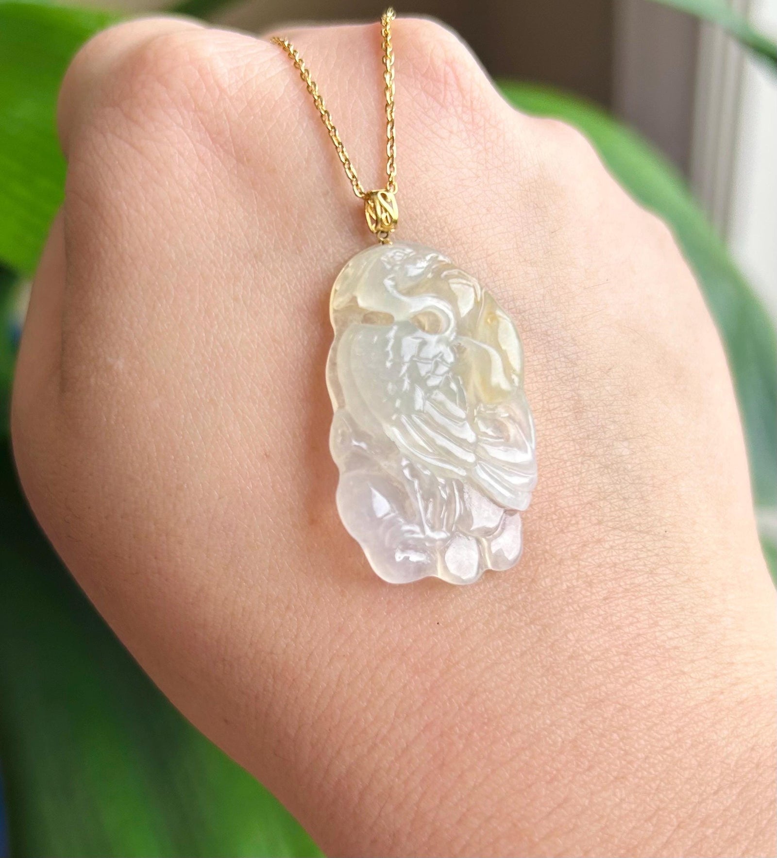 Jadeite Jade Pendant Jewelry Authentic Burmese Untreated Type A Highly Translucent Icy Yellow Crane Pendant 18k Solid Gold Bail Gift for Her