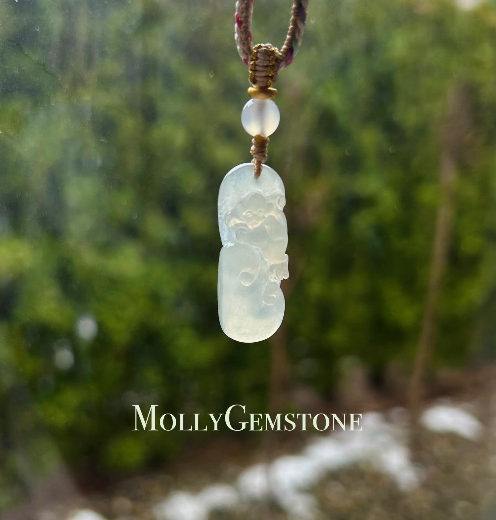 Jadeite Jade Pendant Jewelry Gift Burmese Untreated Type A Highly Translucent Icy White Jadeite Cute Monkey RuYi Pendant Hand-woven Necklace