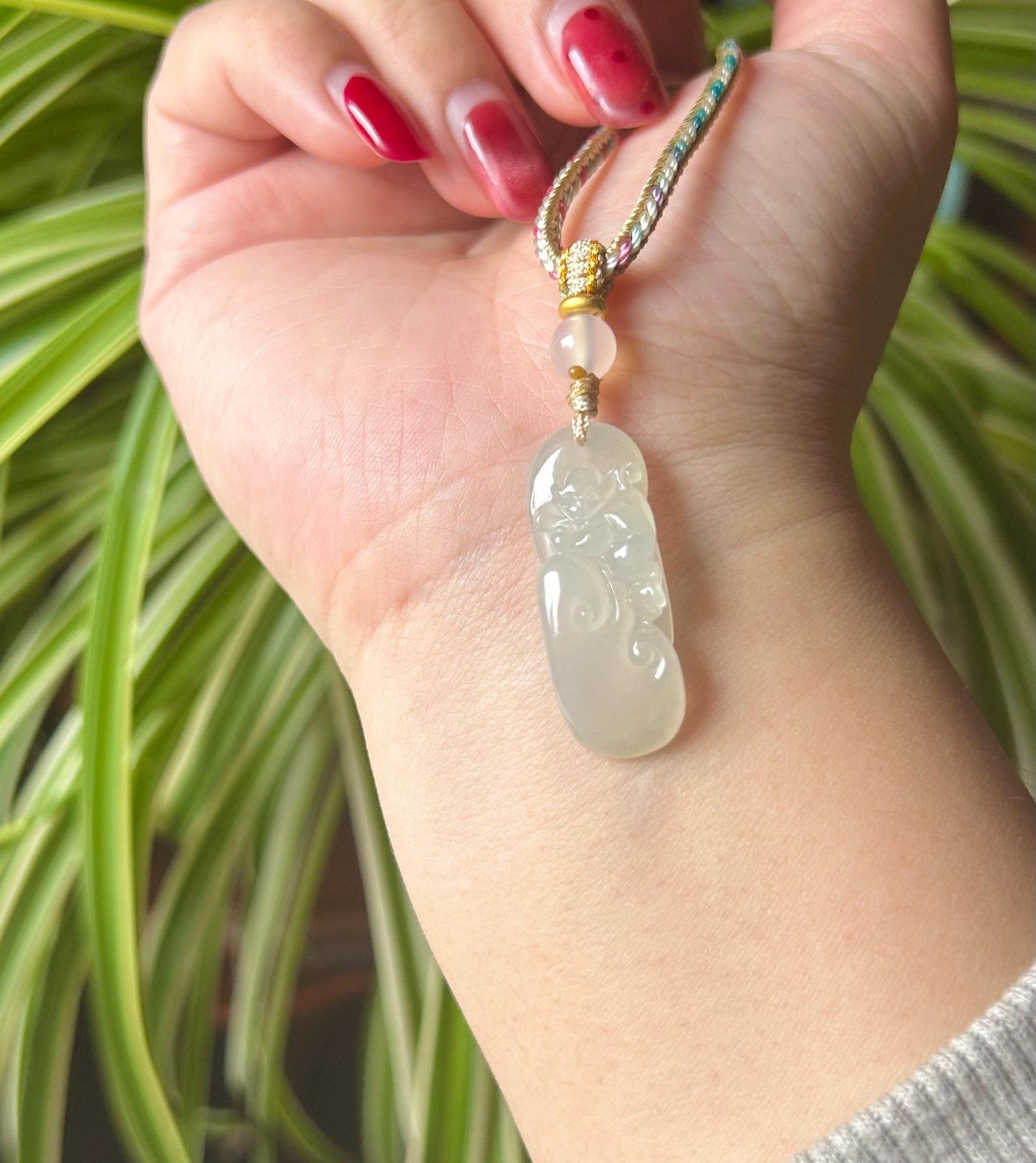 Jadeite Jade Pendant Jewelry Gift Burmese Untreated Type A Highly Translucent Icy White Jadeite Cute Monkey RuYi Pendant Hand-woven Necklace